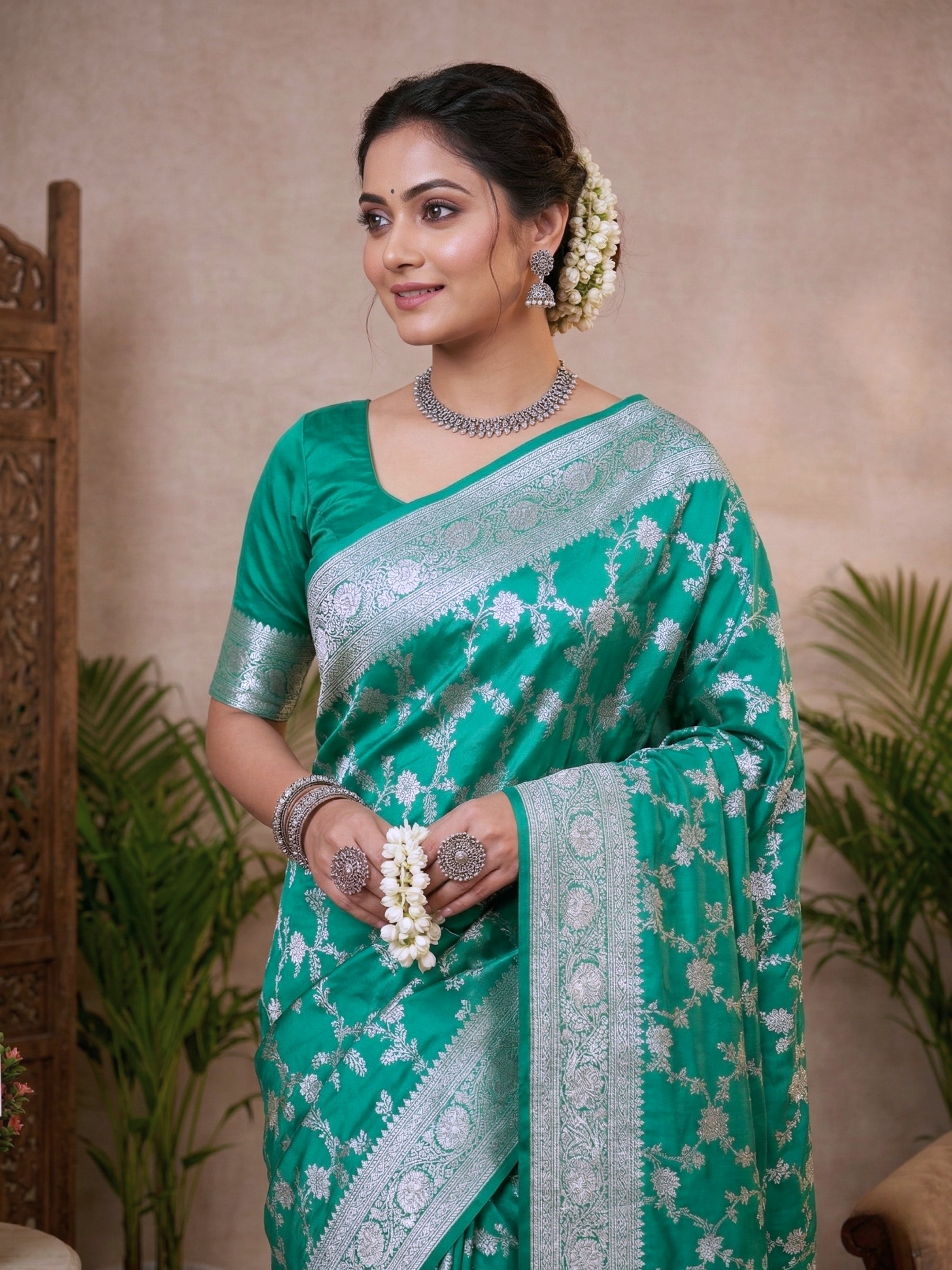 Mashru Katan Silk Banarasi Saree - Sea Green Body with Silver Zari All Over Jaal