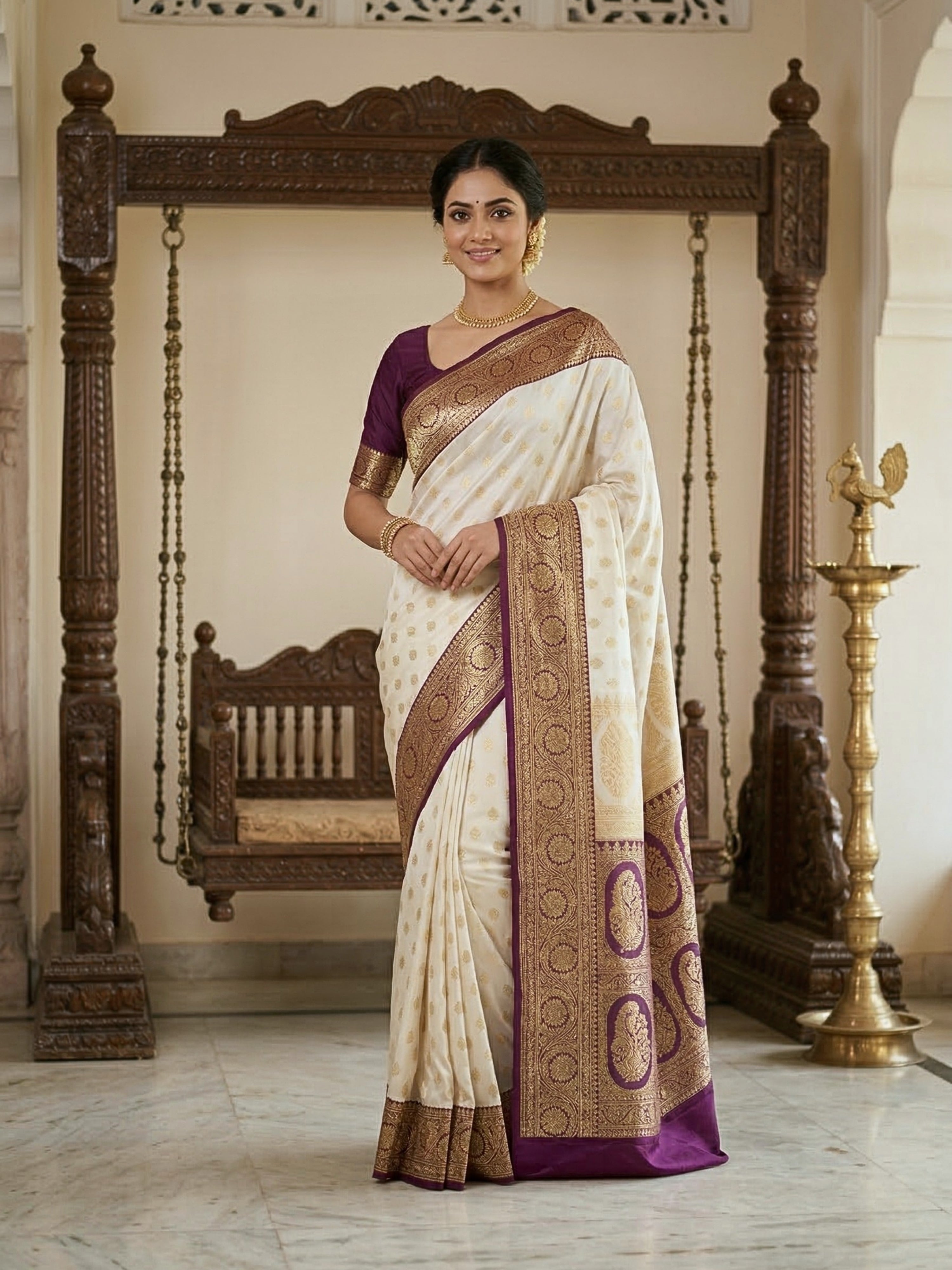 Banarasi Satin Katan Silk Saree with Contrast Border