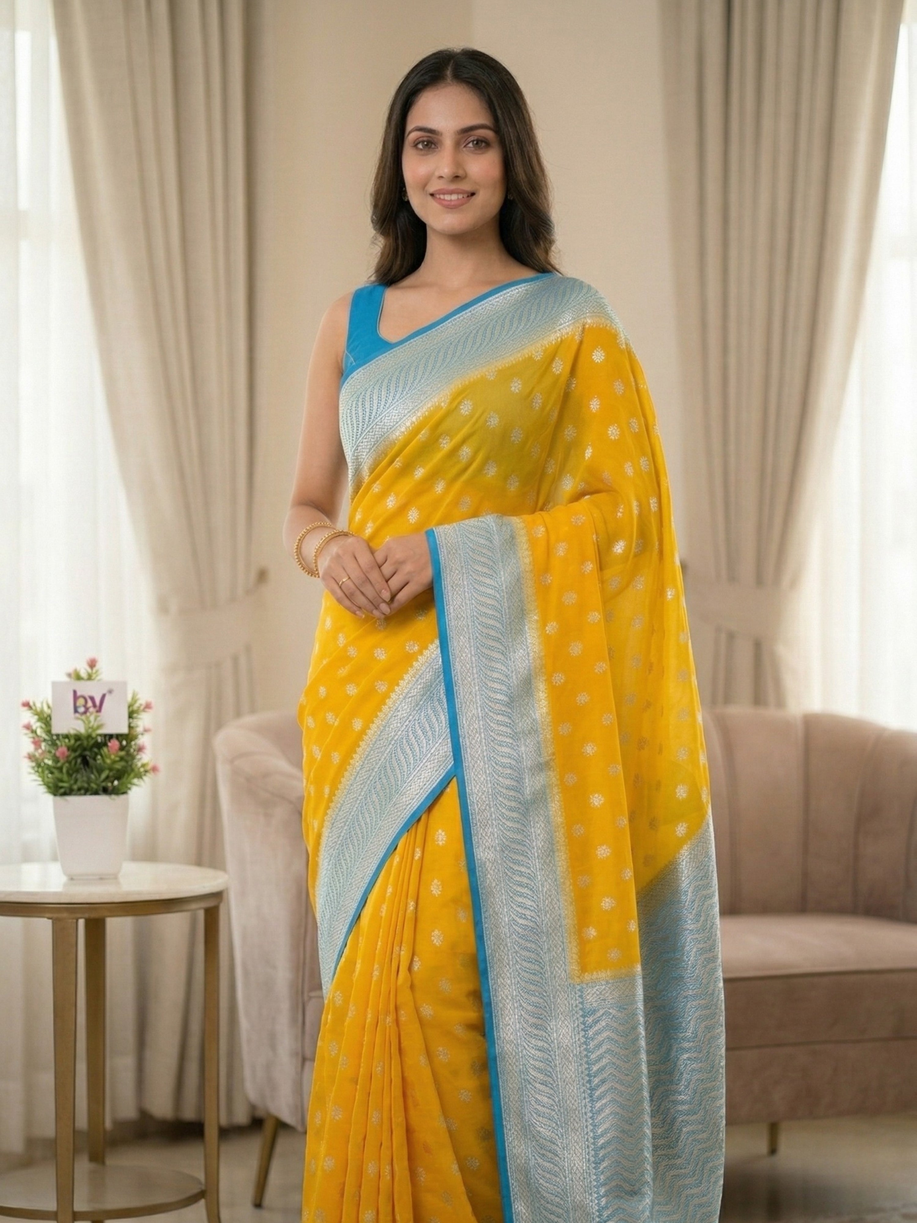 Banarasi Georgette Silver Zari Saree with Contrast Border