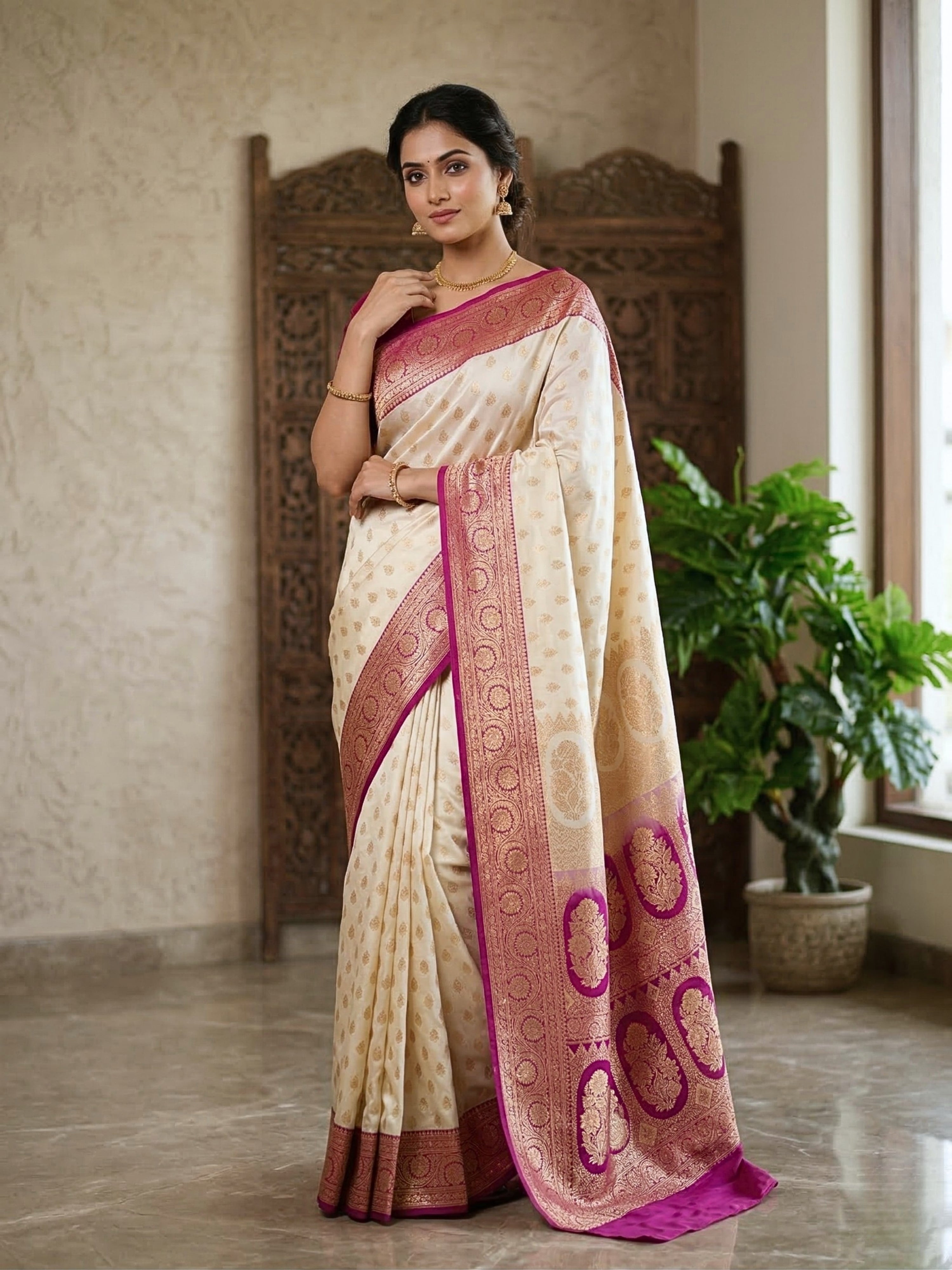 Banarasi Satin Katan Silk Saree with Contrast Border