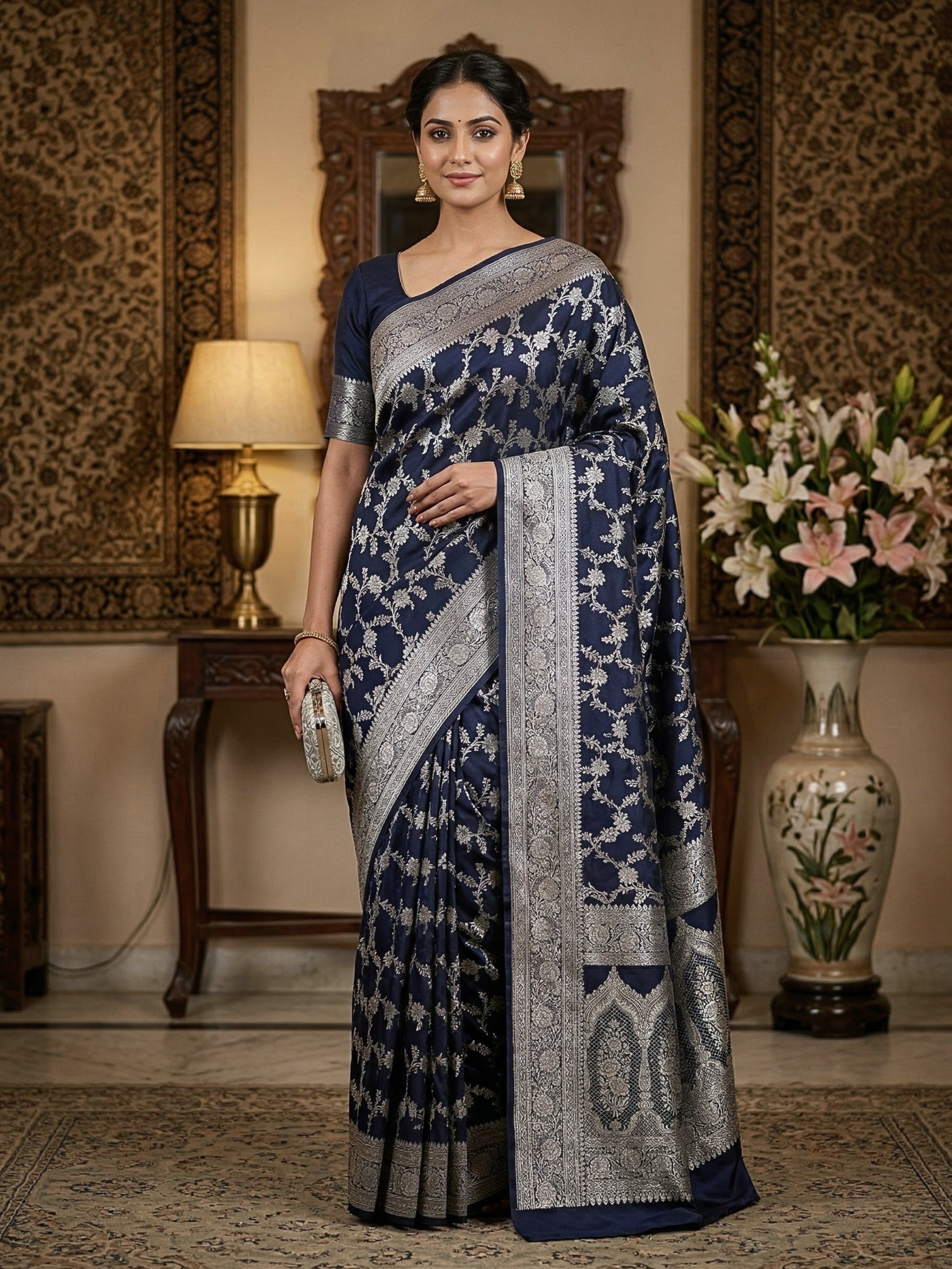 Mashru Katan Silk Banarasi Saree - Navy Blue Body with Silver Zari All Over Jaal