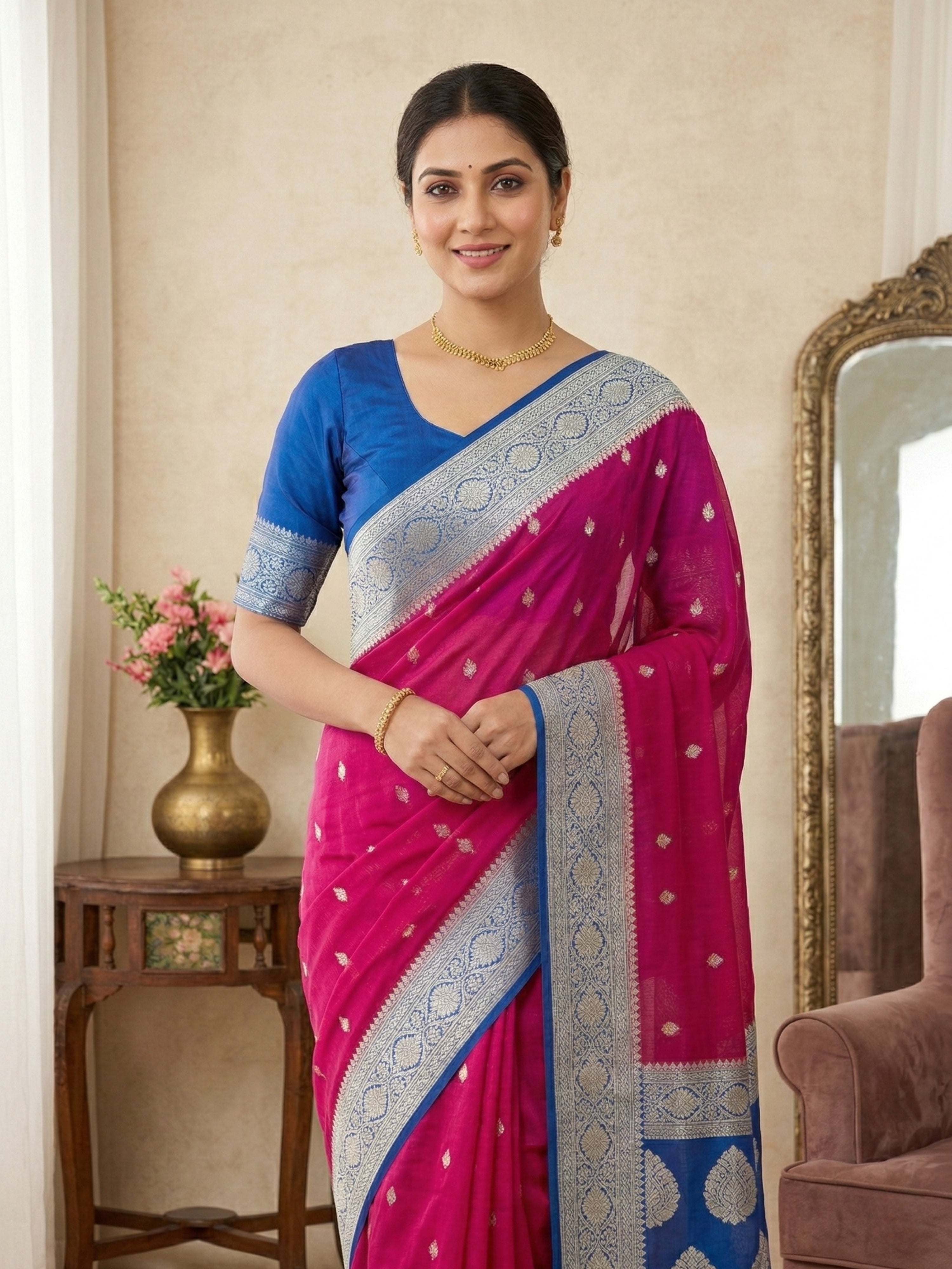 Banarasi Georgette Silver Zari Saree with Contrast Border