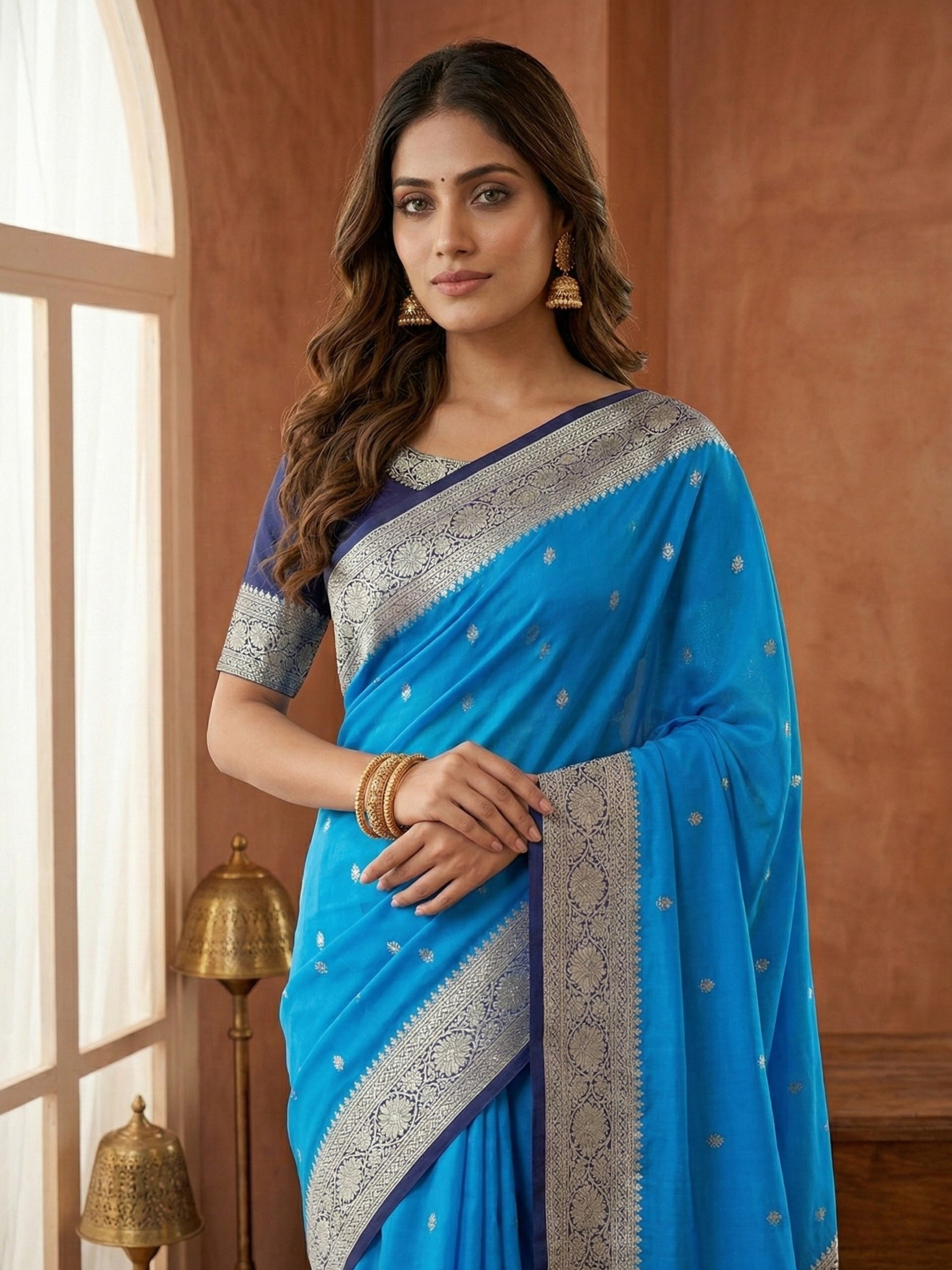 Banarasi Georgette Silver Zari Saree with Contrast Border