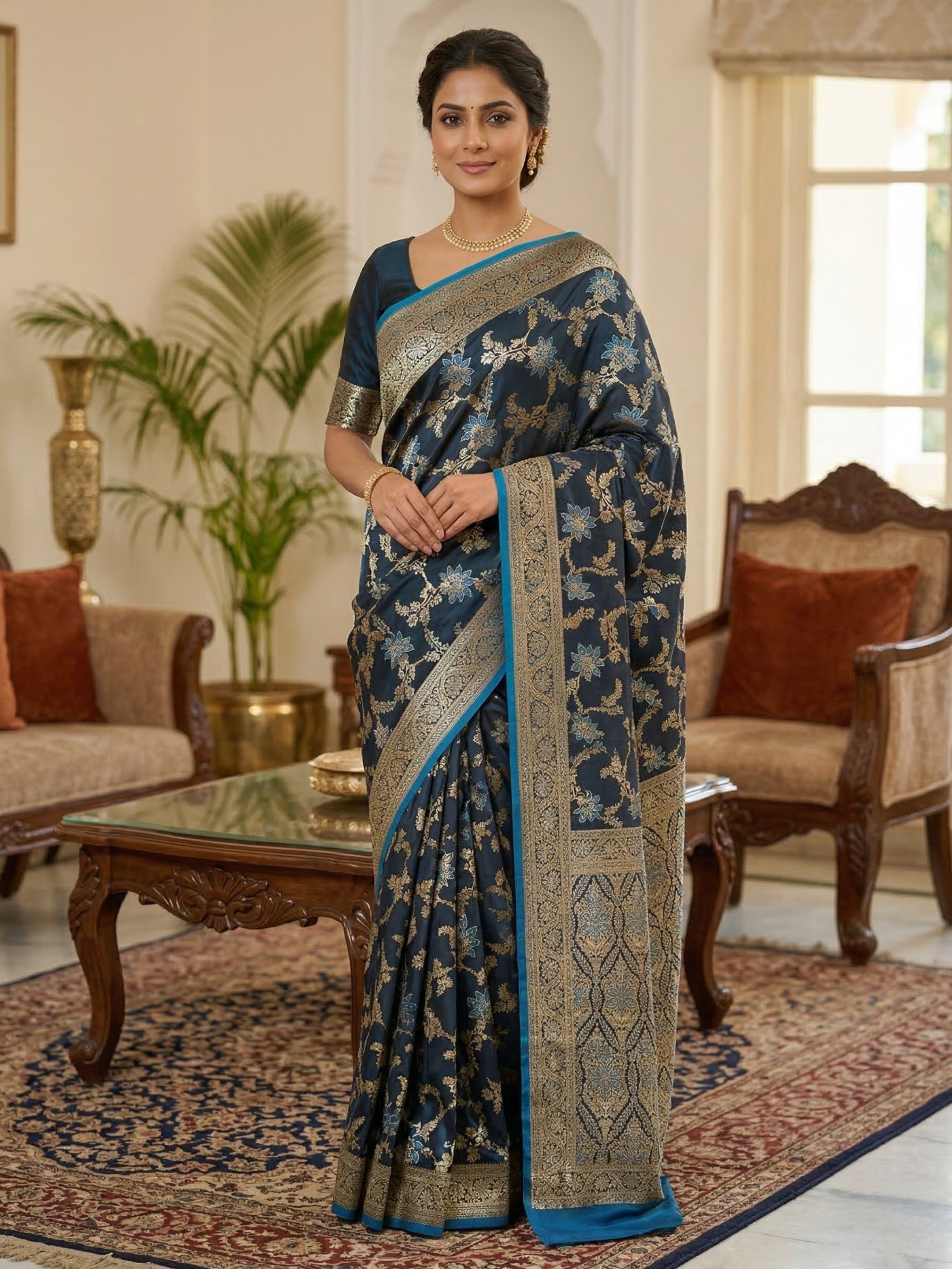 Satin Malai Katan Banarasi Saree – Meenakari Booti Jaal