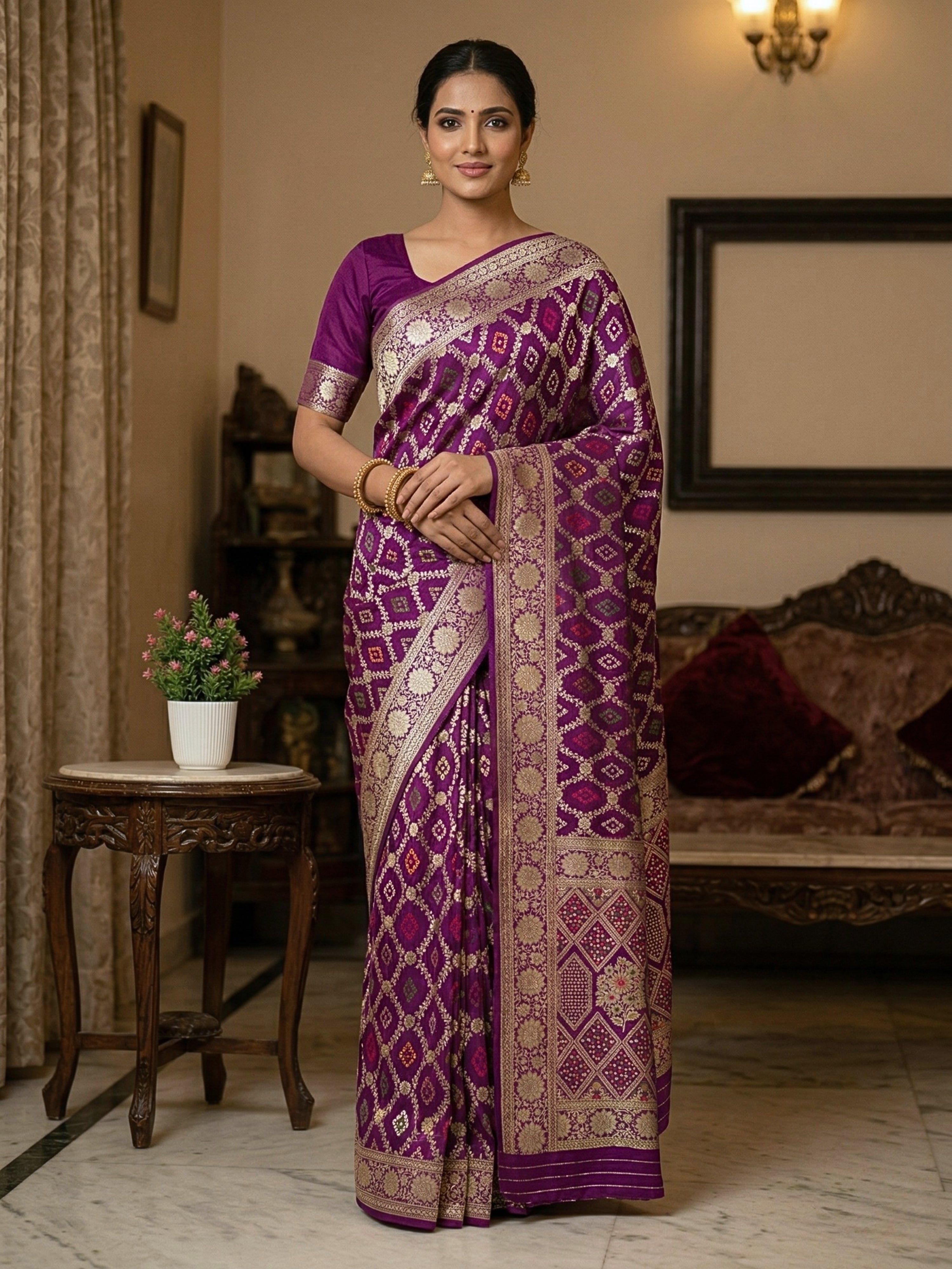 Crush Crepe Alfi Bandhej Saree – Magenta Purple with Multicolour Meenakari Boota