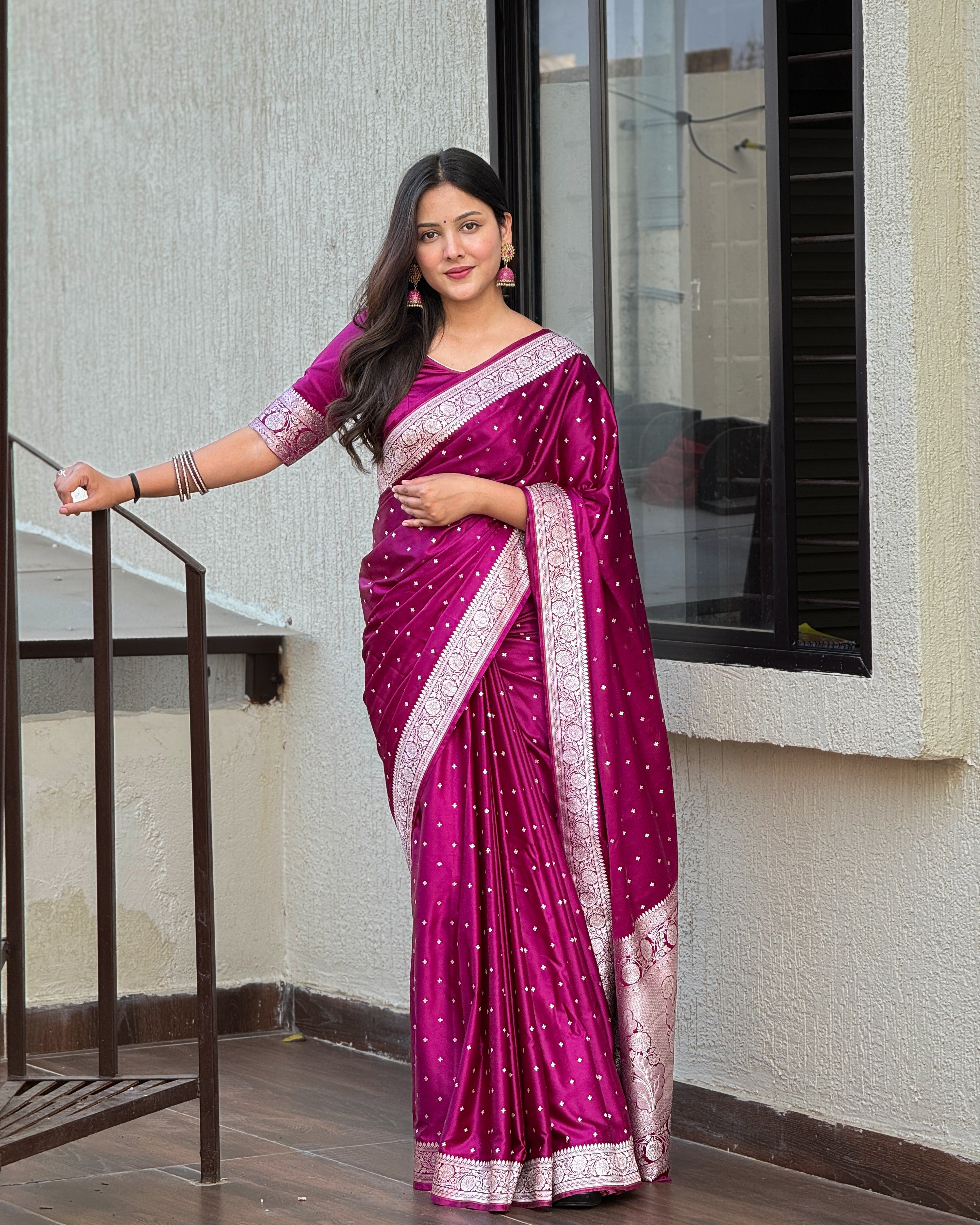 Mashru Katan Silk Banarasi Saree - Majenta Body with Silver Zari All Over Booti