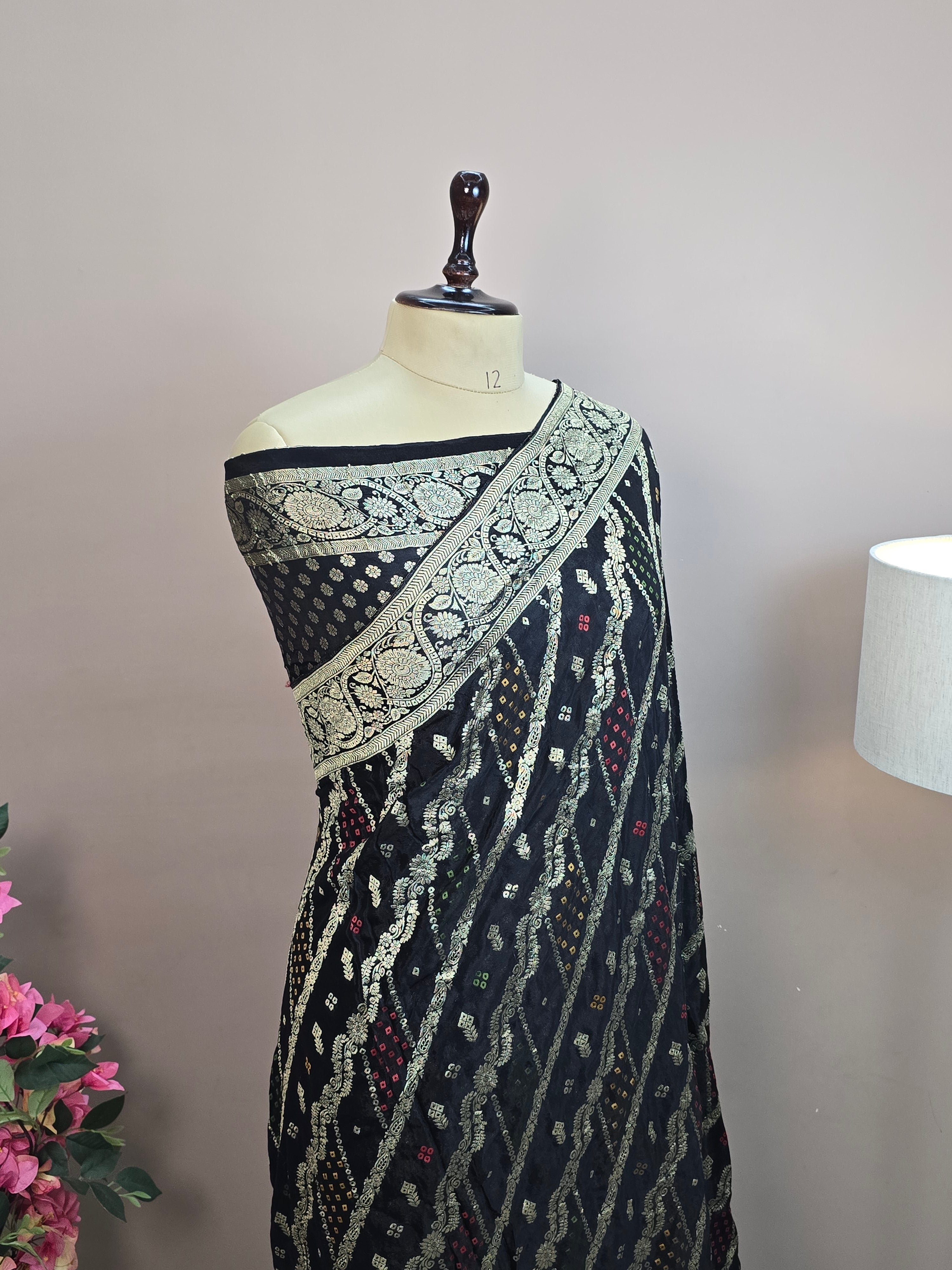 Crush Crepe Banarasi Bandhej Saree – Black with Alfi Meenakari Jaal