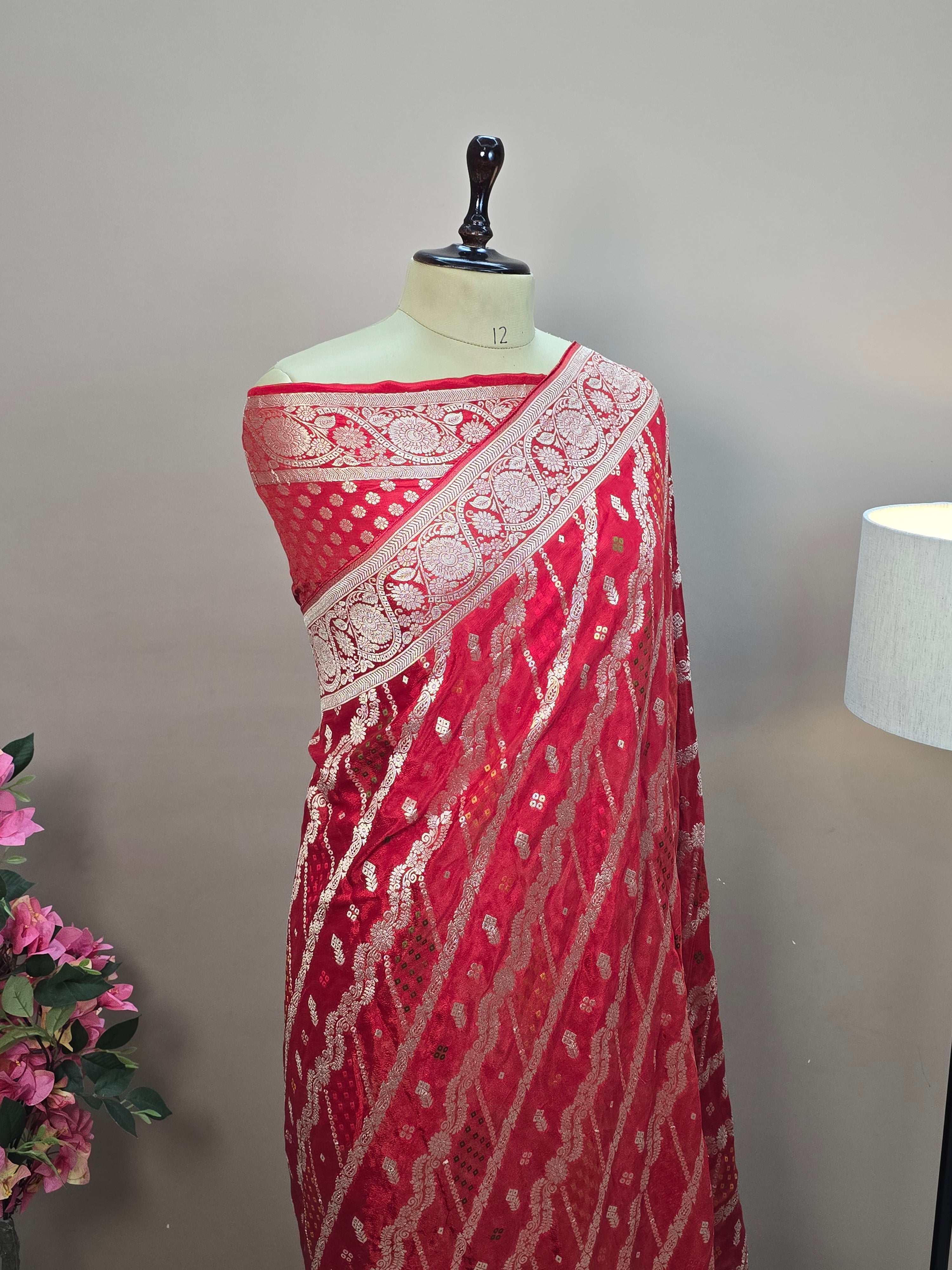 Crush Crepe Banarasi Bandhej Saree – Red with Alfi Meenakari Jaal