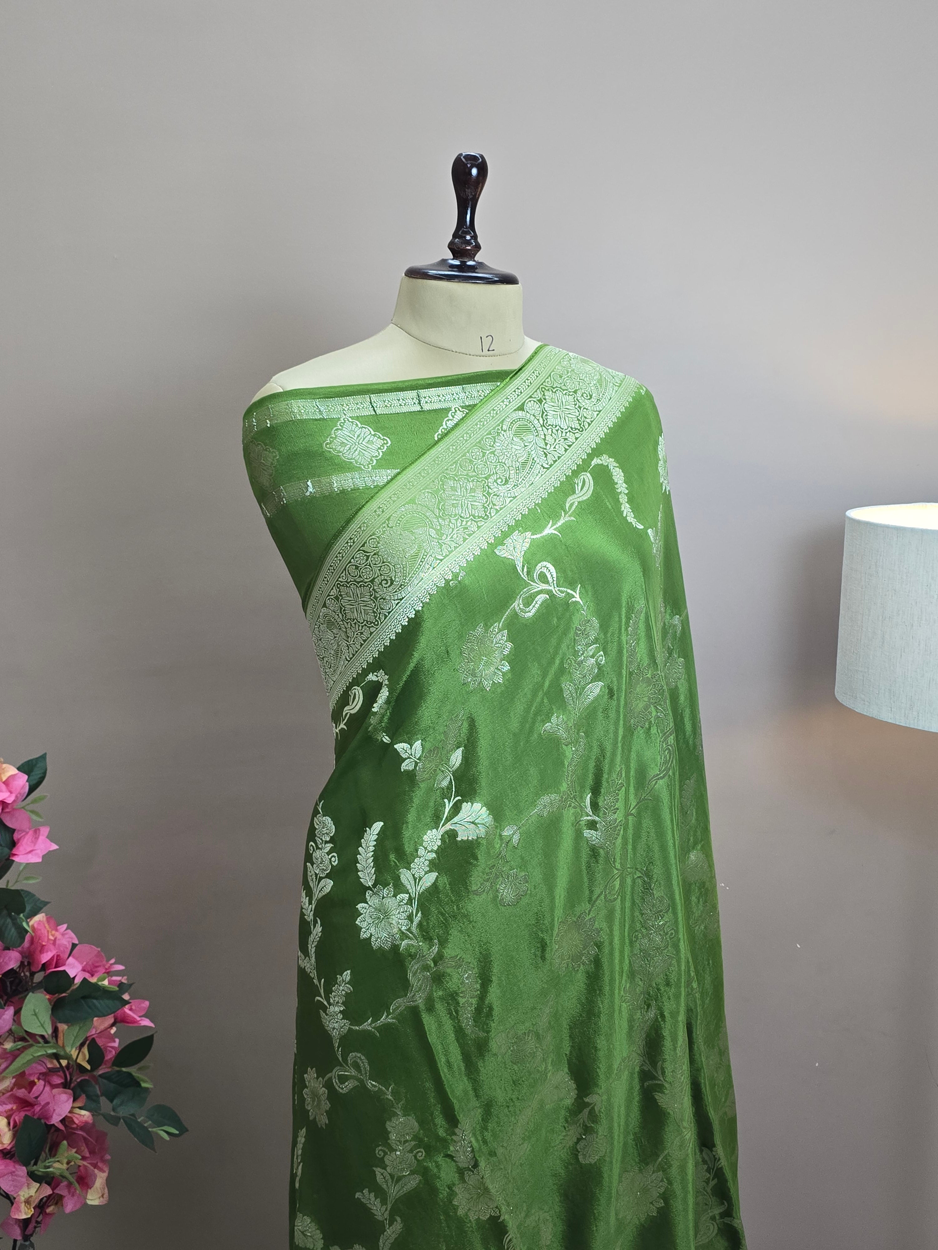 Crush Crepe Banarasi Saree – Pista Body with All Over Jaal