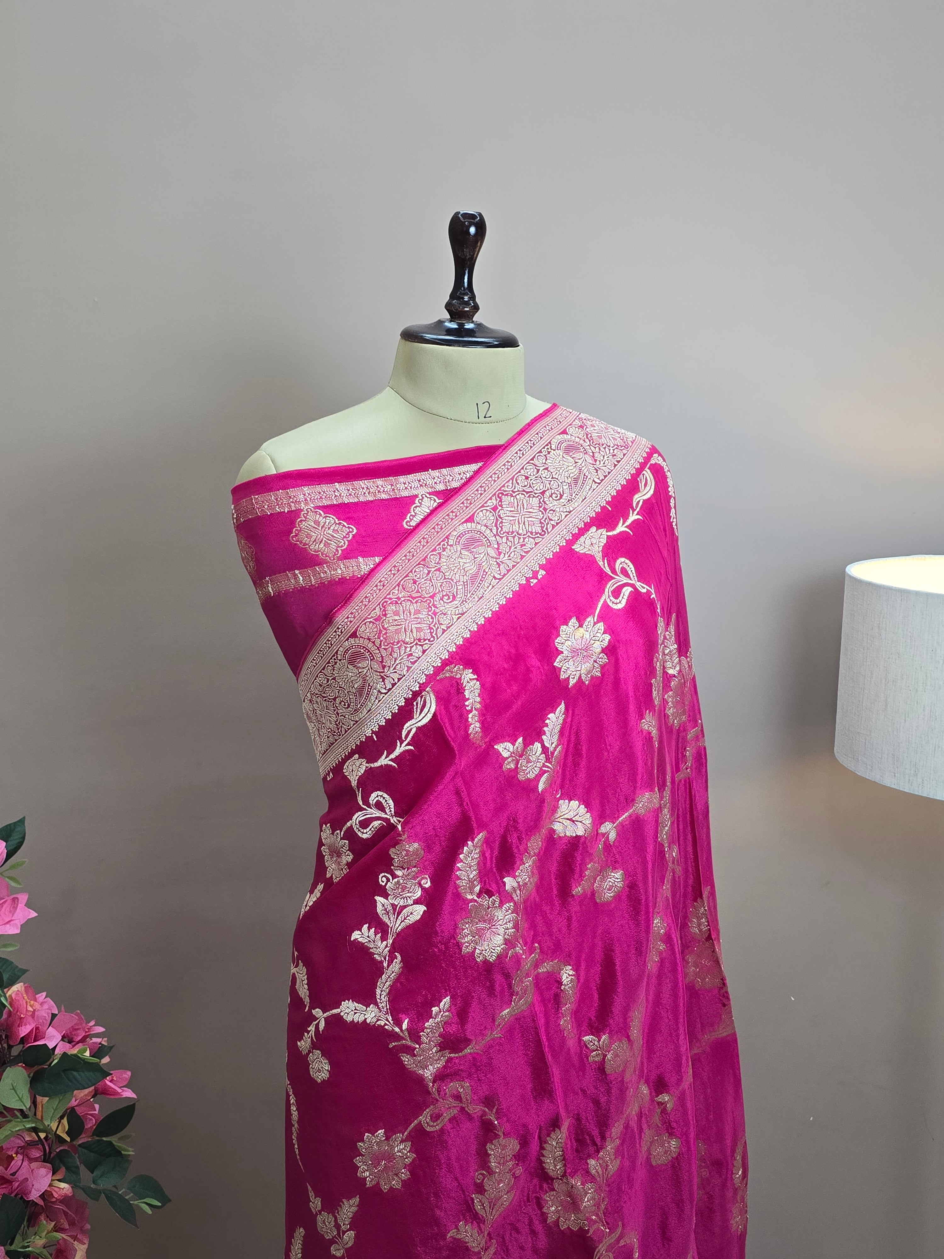 Crush Crepe Banarasi Saree – Rani Pink Body with All Over Jaal