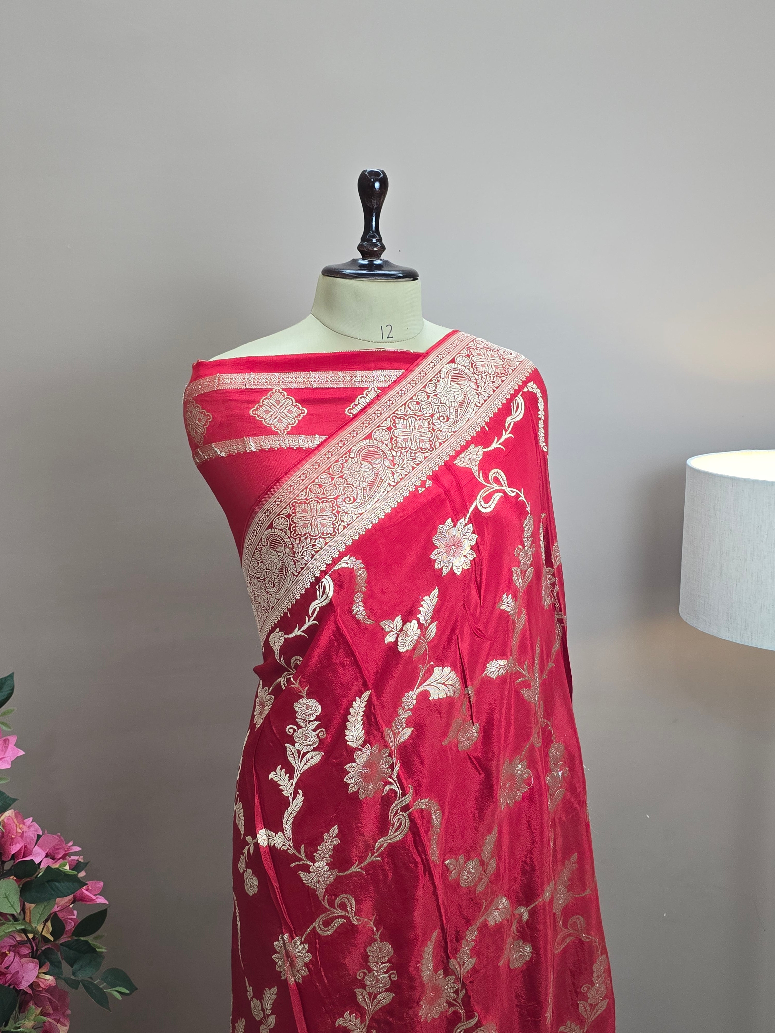 Crush Crepe Banarasi Saree – Red Body with All Over Jaal