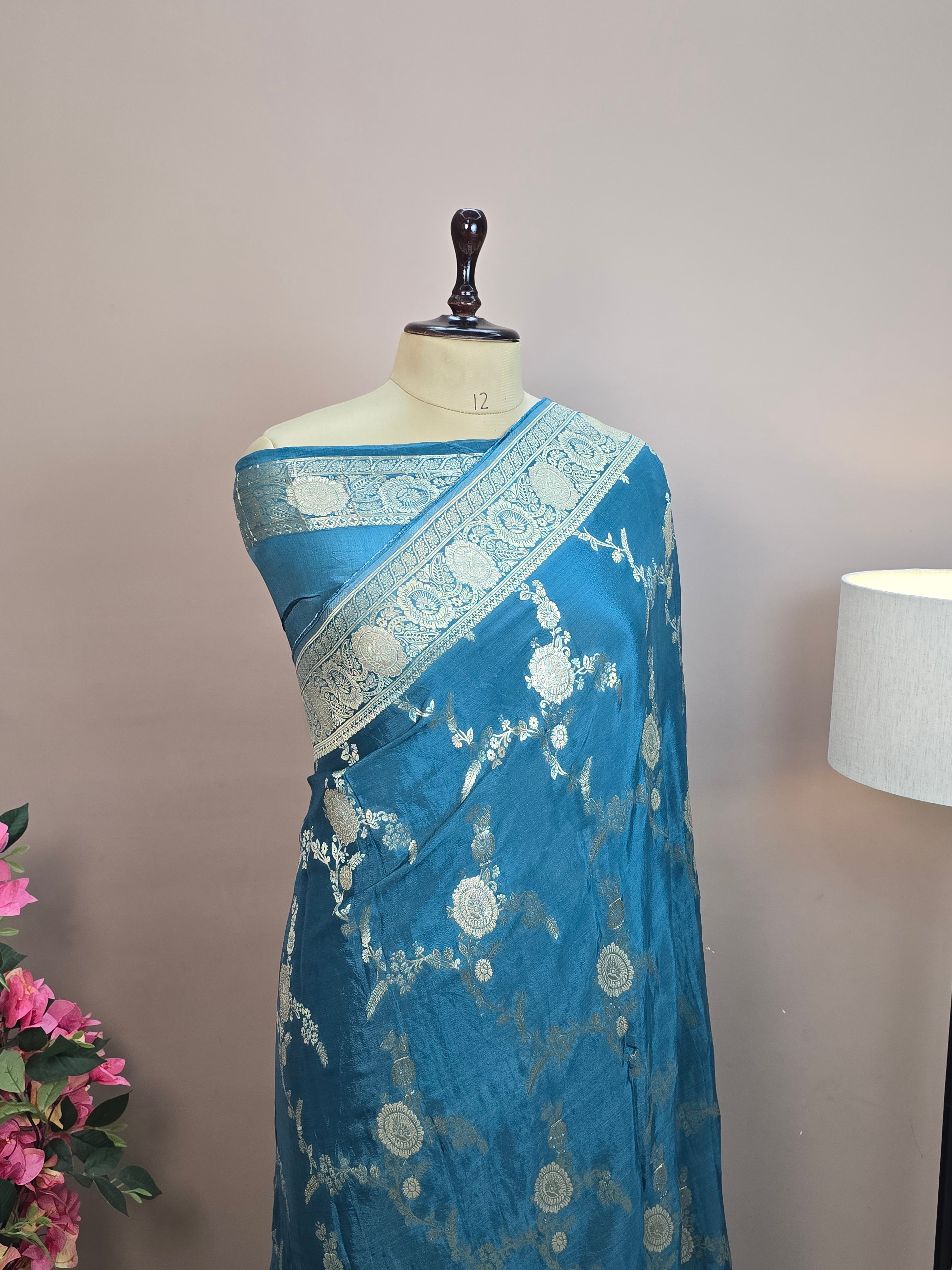 Crush Crepe Banarasi Saree – Firozi Blue Body with All Over Boota Jaal