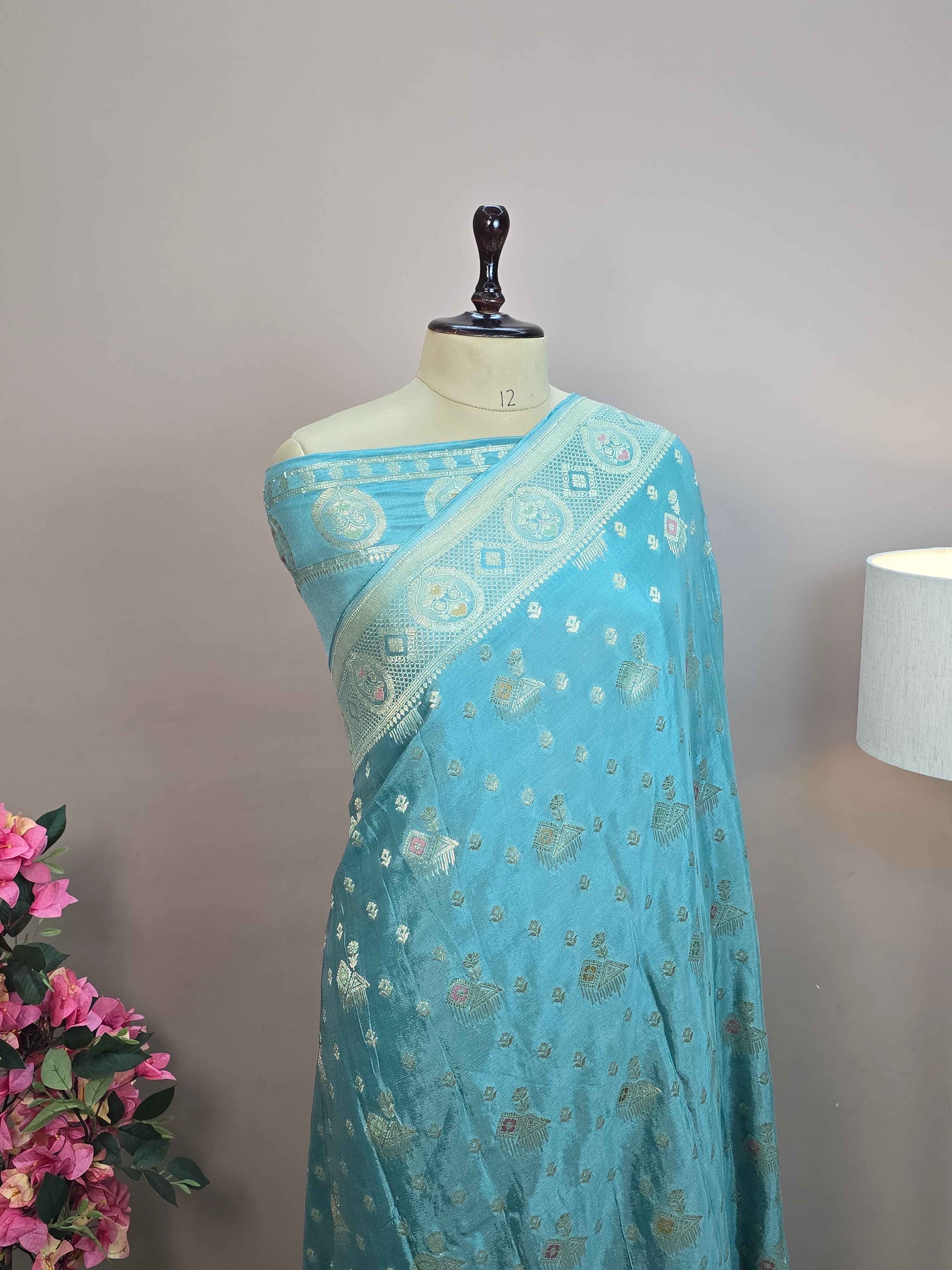 Crush Crepe Banarasi Saree – Sea Green with Meenakari Bootas