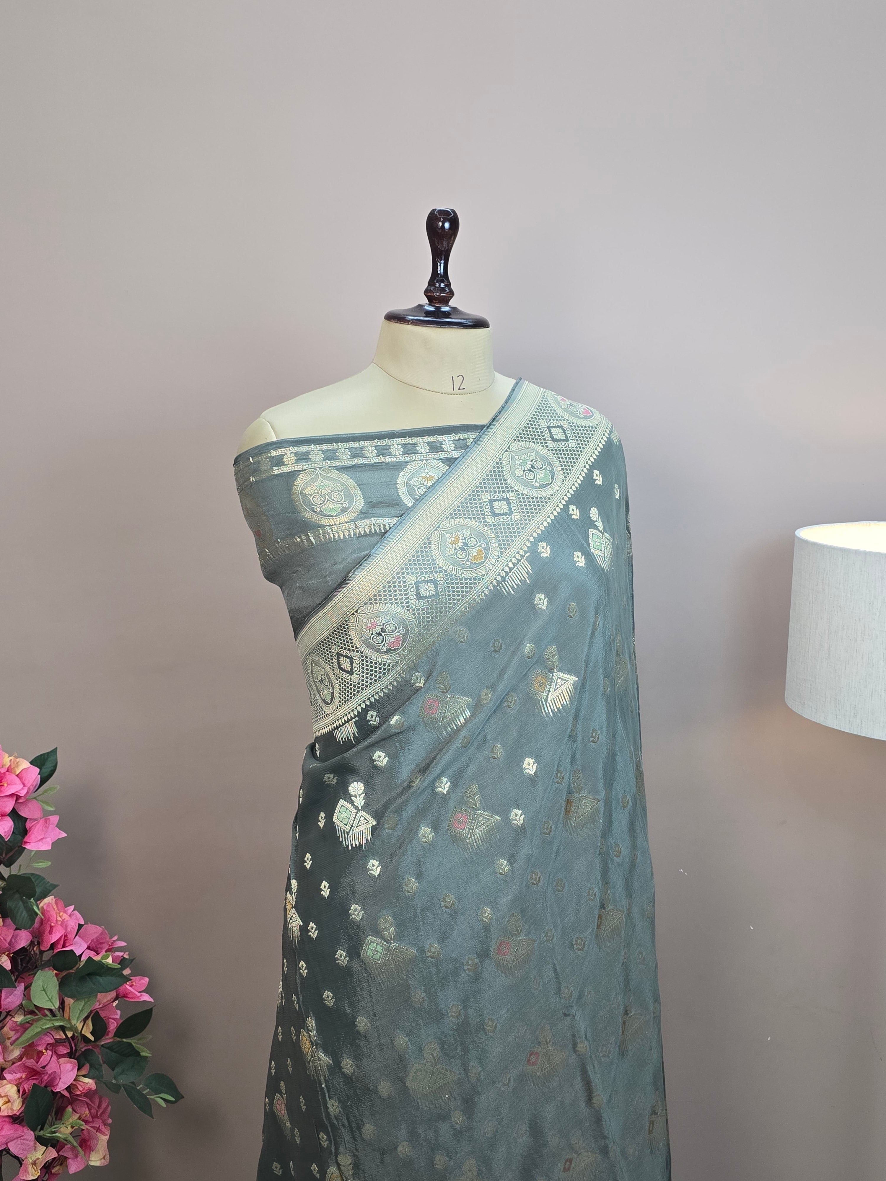 Crush Crepe Banarasi Saree – Dark Grey with Meenakari Bootas