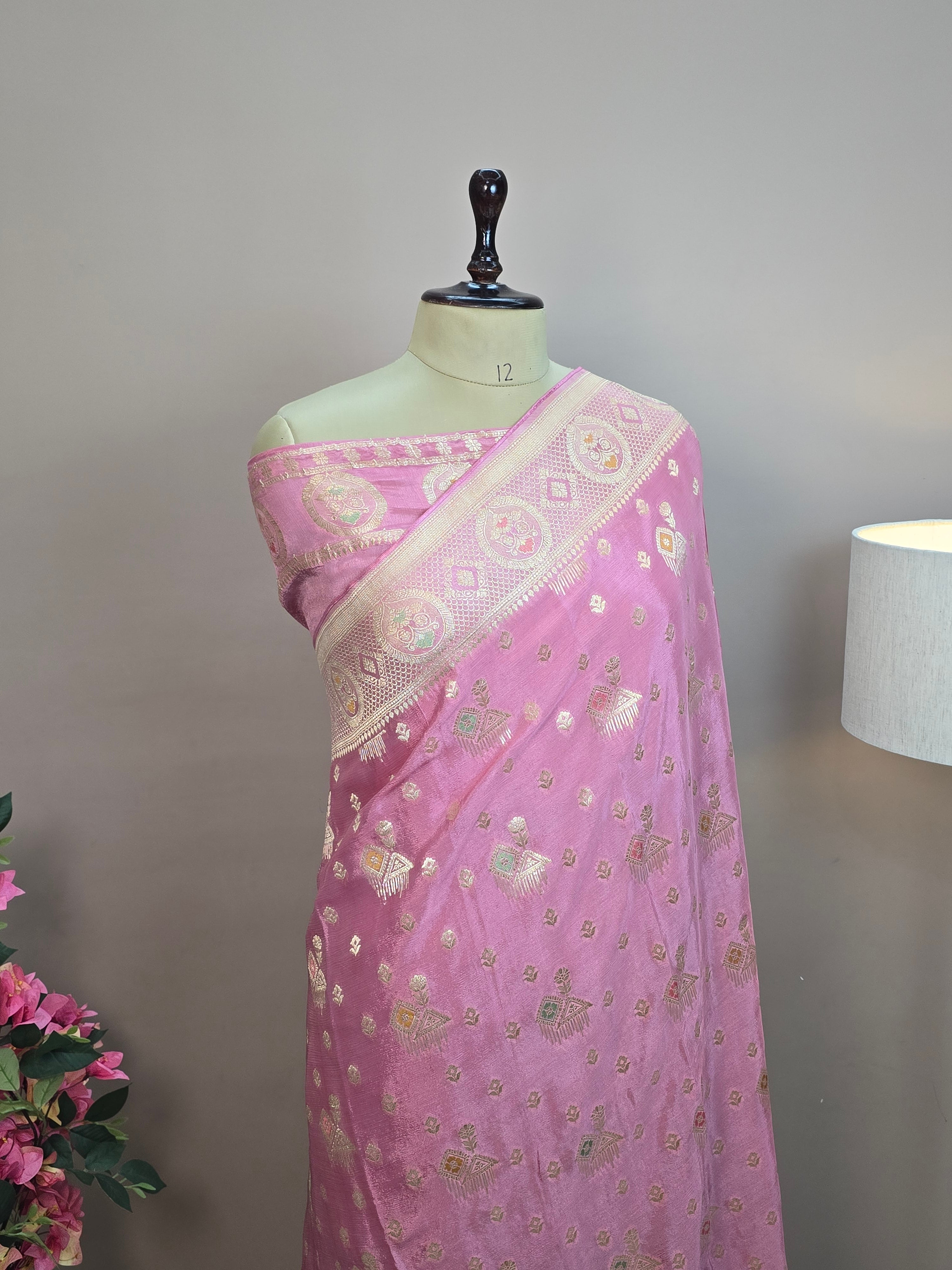 Crush Crepe Banarasi Saree – Baby Pink with Meenakari Bootas