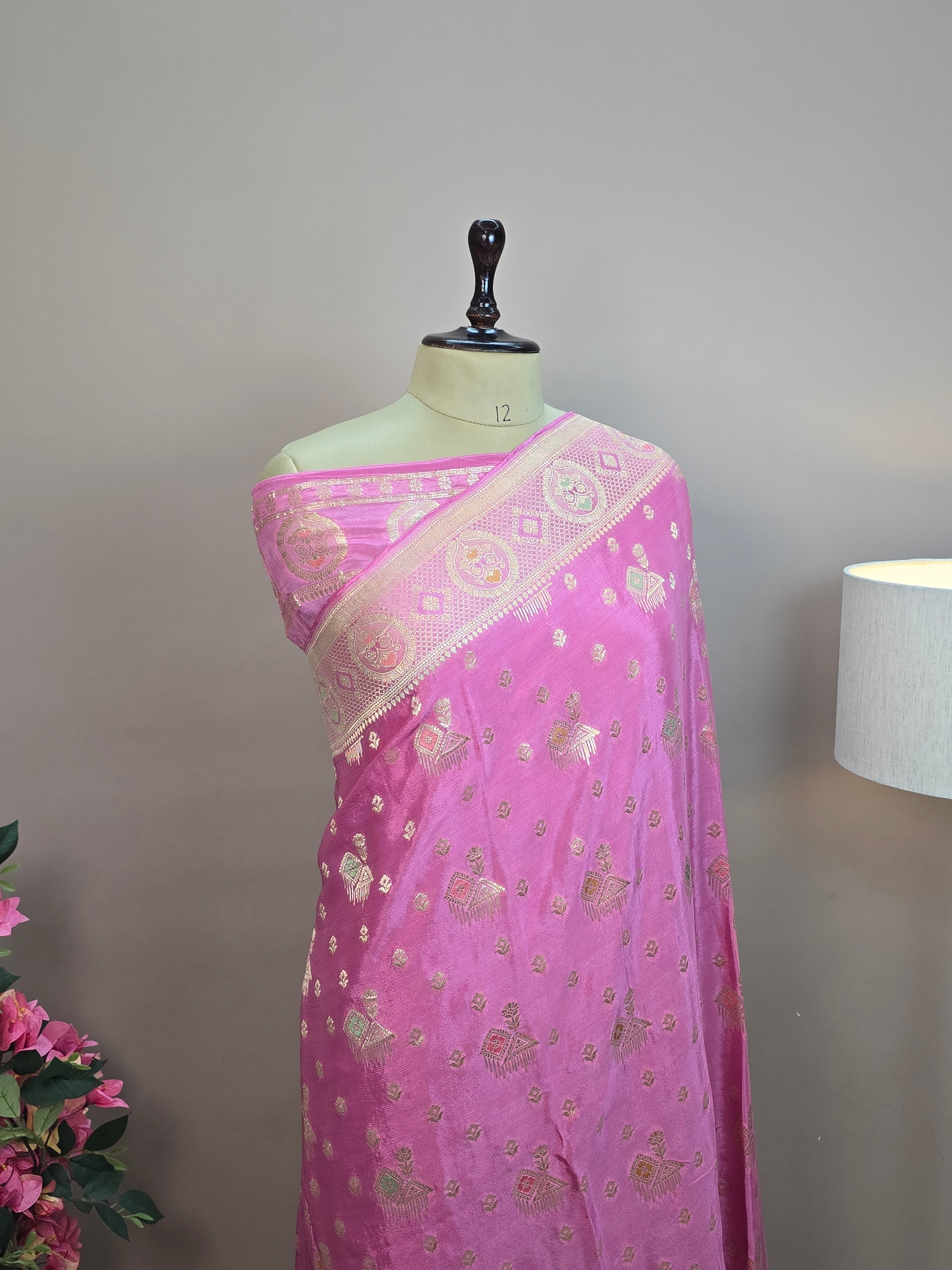 Crush Crepe Banarasi Saree – Rani Pink with Meenakari Bootas