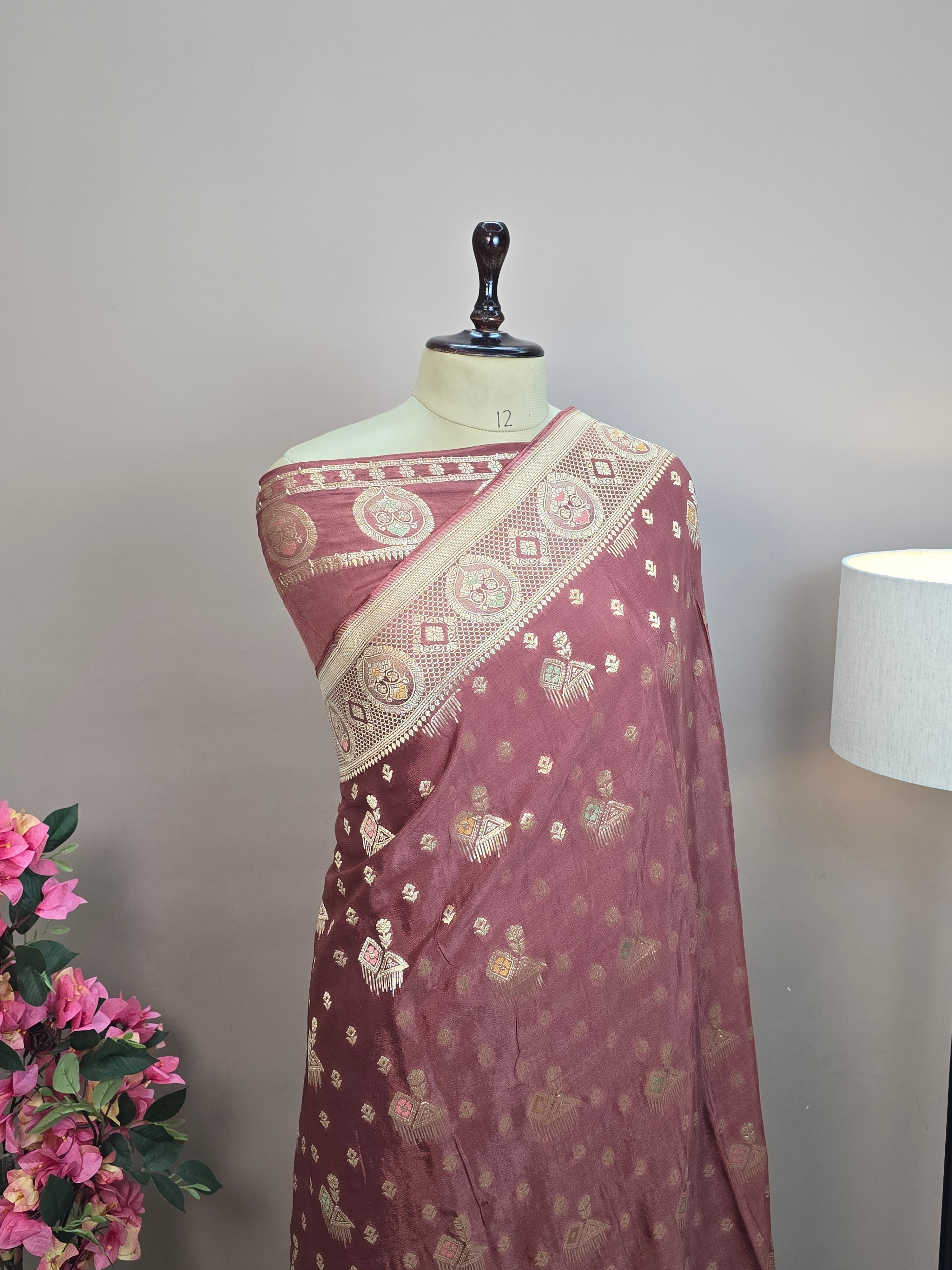 Crush Crepe Banarasi Saree – Brown with Meenakari Bootas