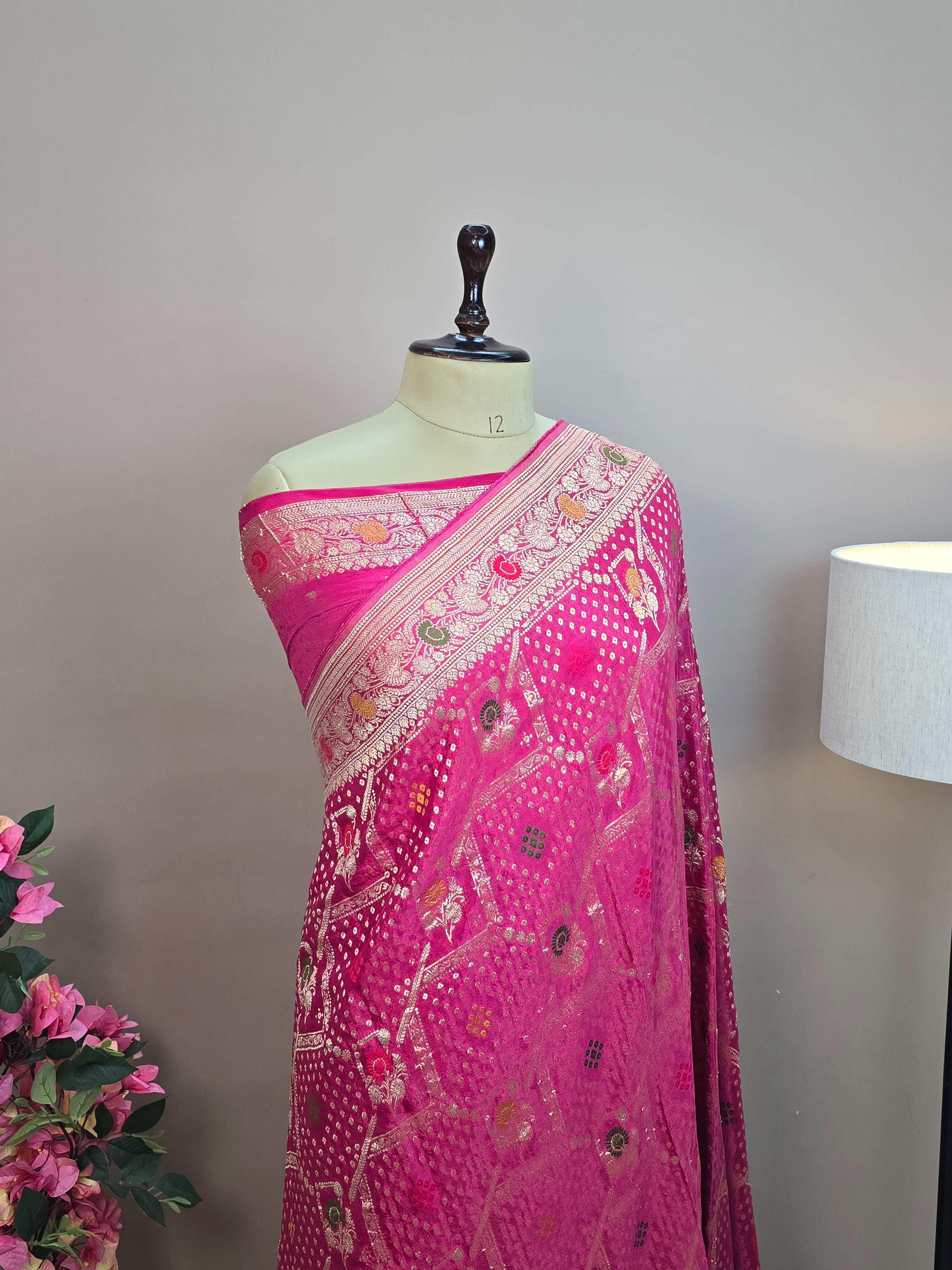 Crush Crepe Alfi Bandhej Saree – BabyPink with Meenakari Flower Bootas