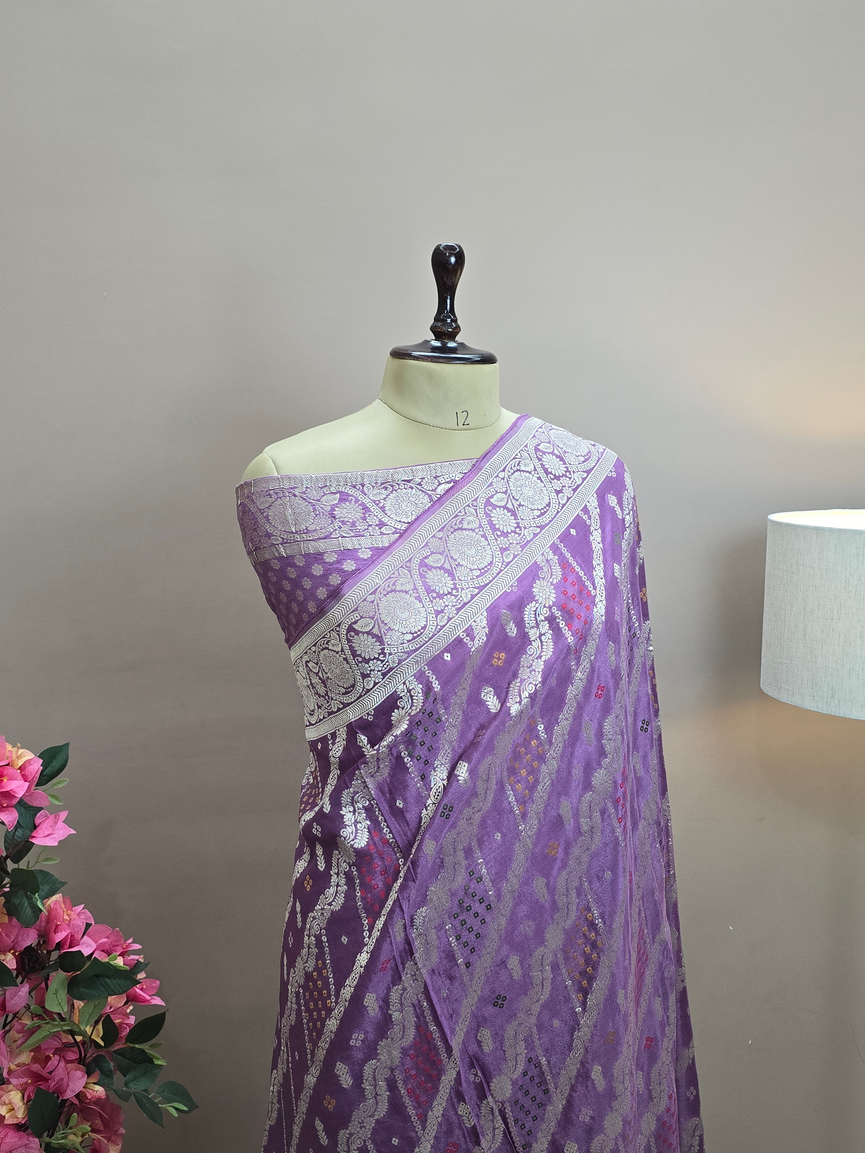 Crush Crepe Banarasi Bandhej Saree – Lavender with Alfi Meenakari Jaal