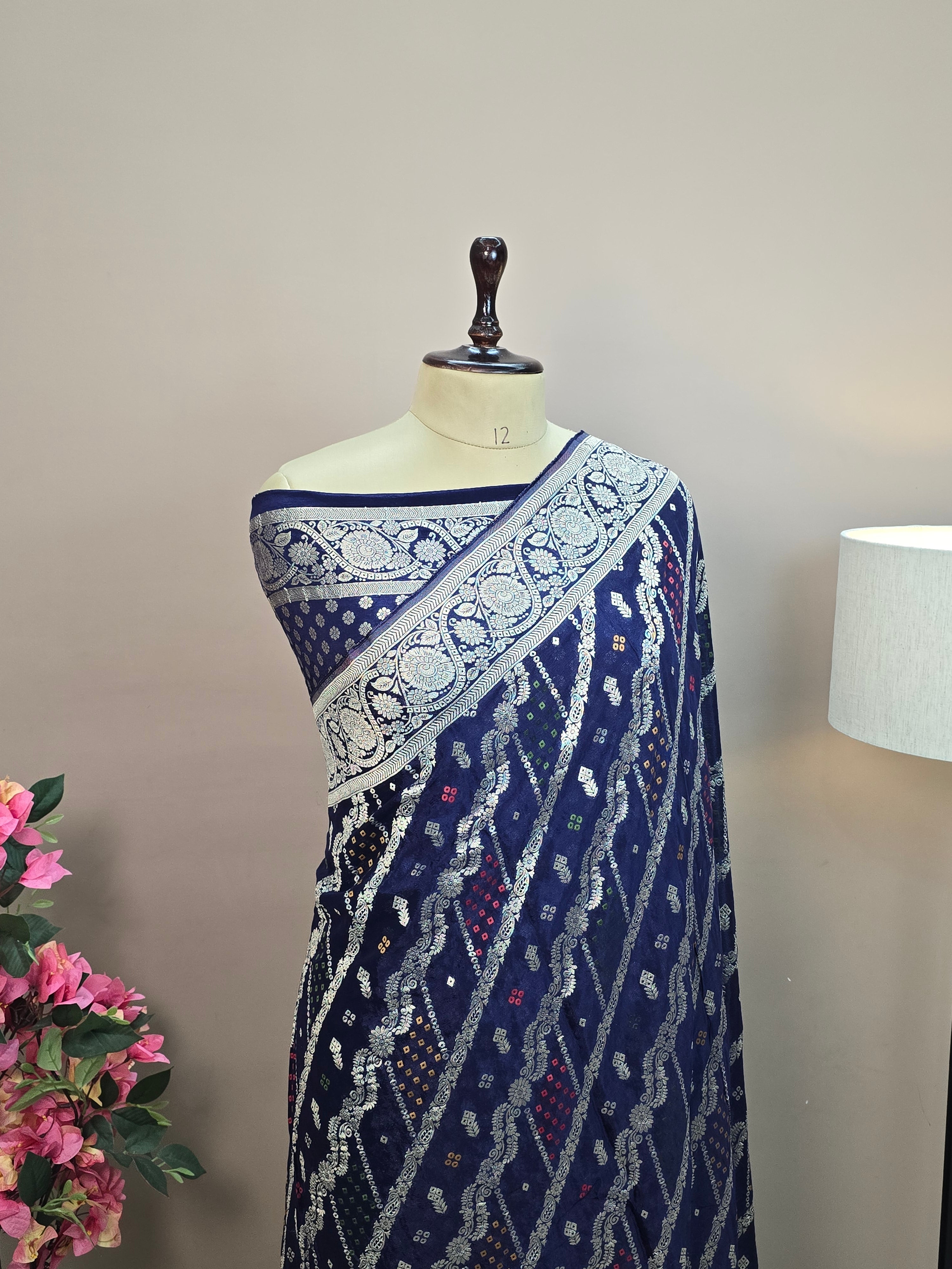 Crush Crepe Banarasi Bandhej Saree – Navy Blue with Alfi Meenakari Jaal