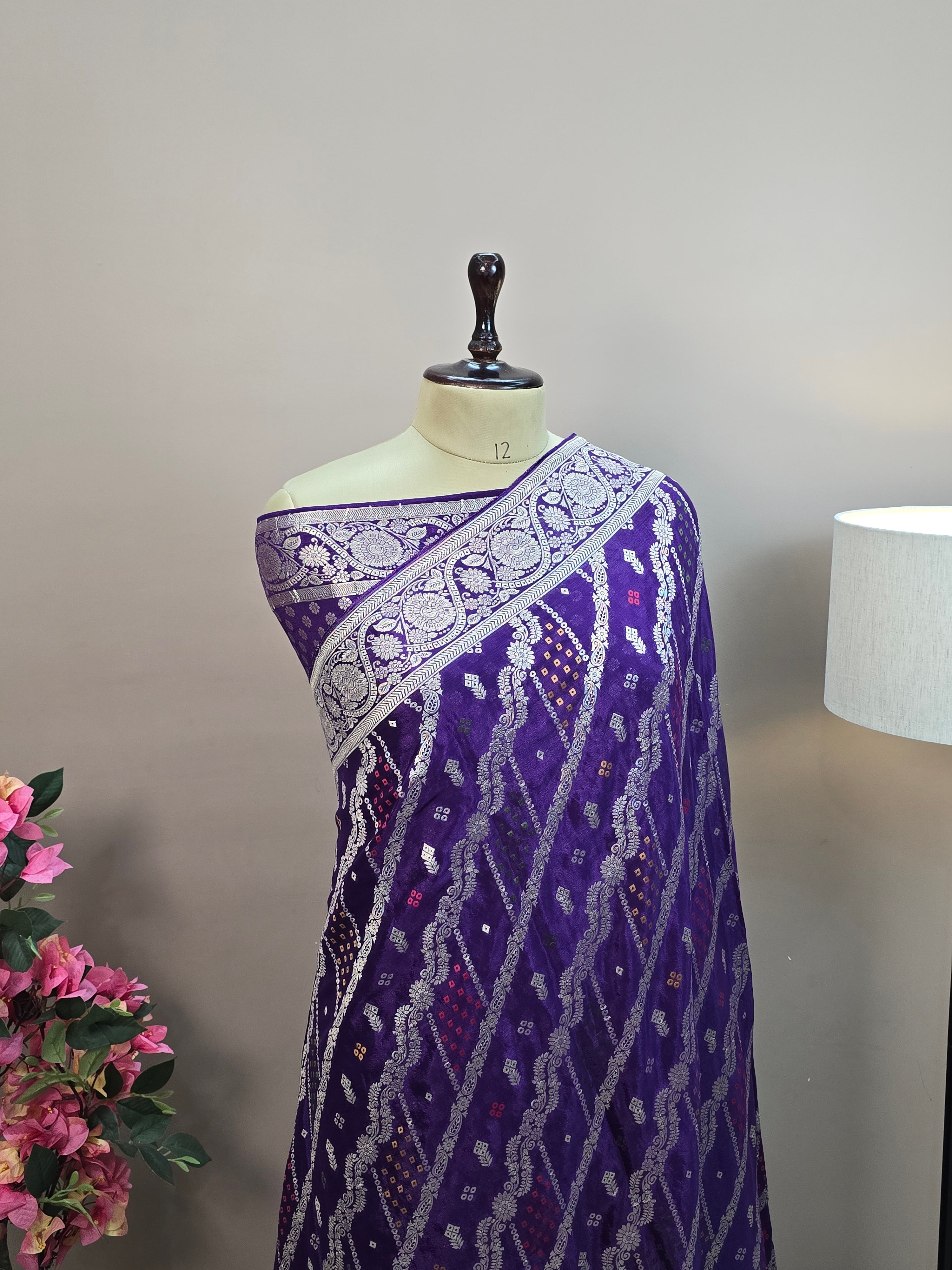 Crush Crepe Banarasi Bandhej Saree – Royal Purple with Alfi Meenakari Jaal