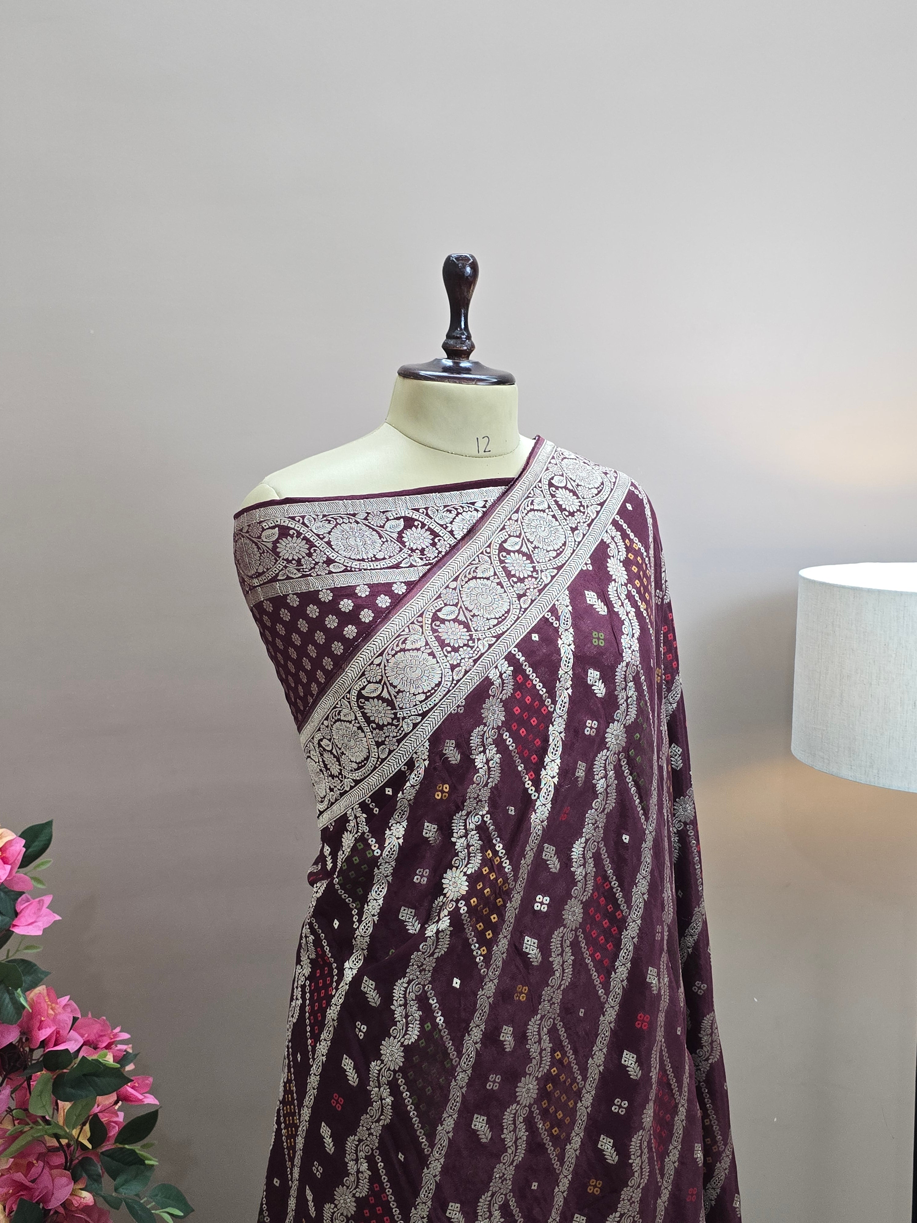 Crush Crepe Banarasi Bandhej Saree – Brown with Alfi Meenakari Jaal