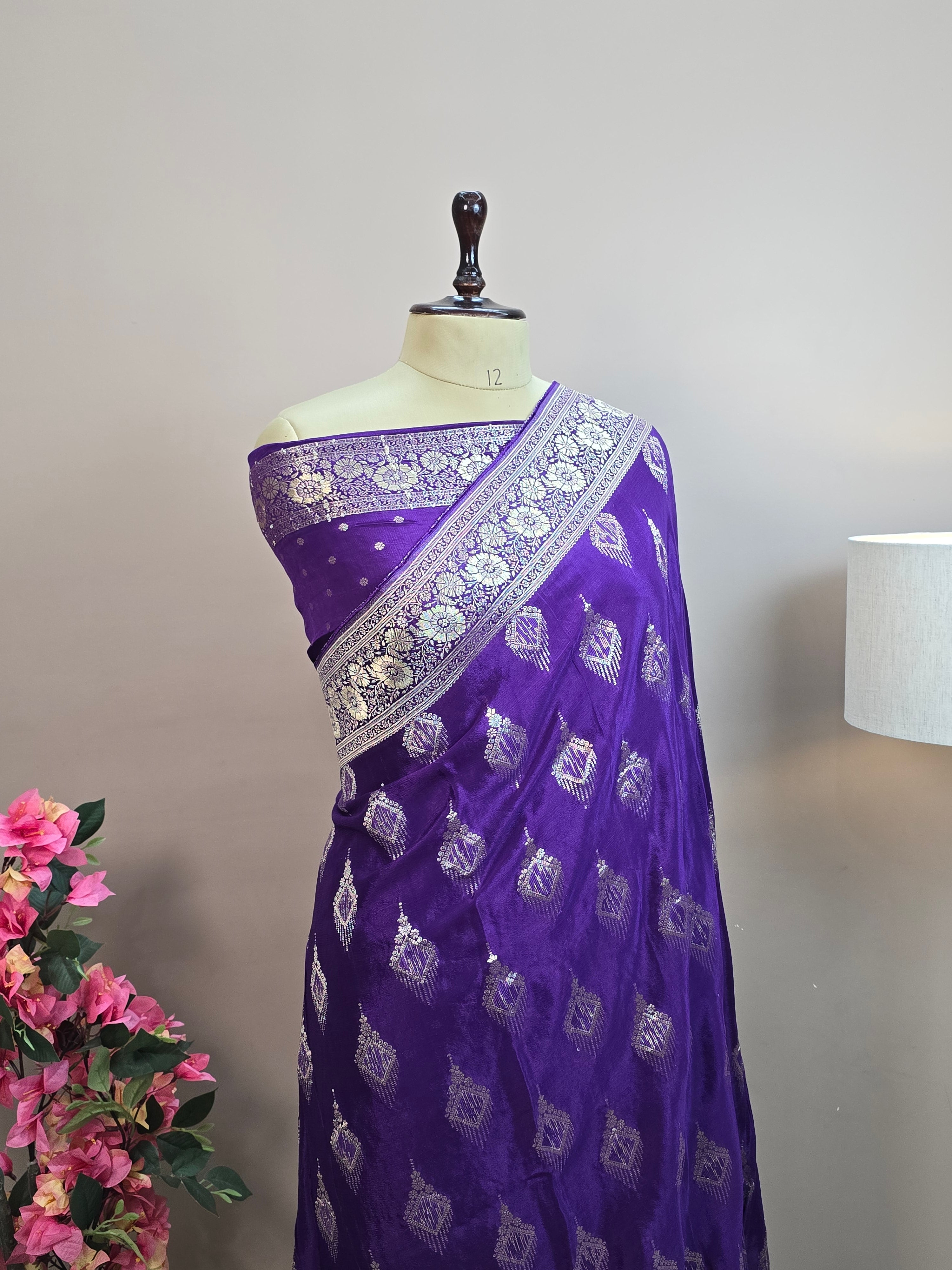 Crush Crepe Banarasi Saree – Royal Purple Body with Geometric Zari Boota