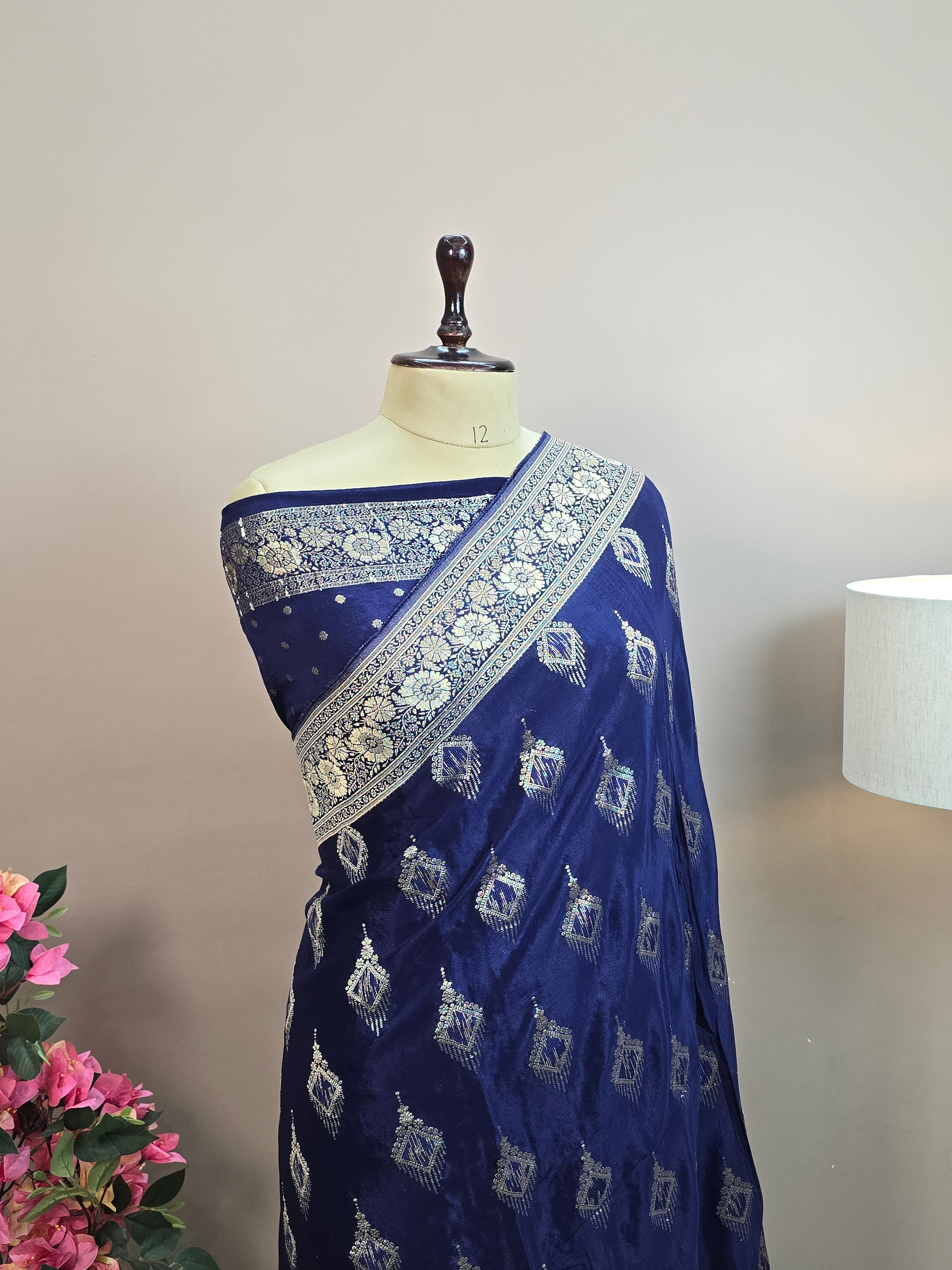 Crush Crepe Banarasi Saree – Navy Blue Body with Geometric Zari Boota