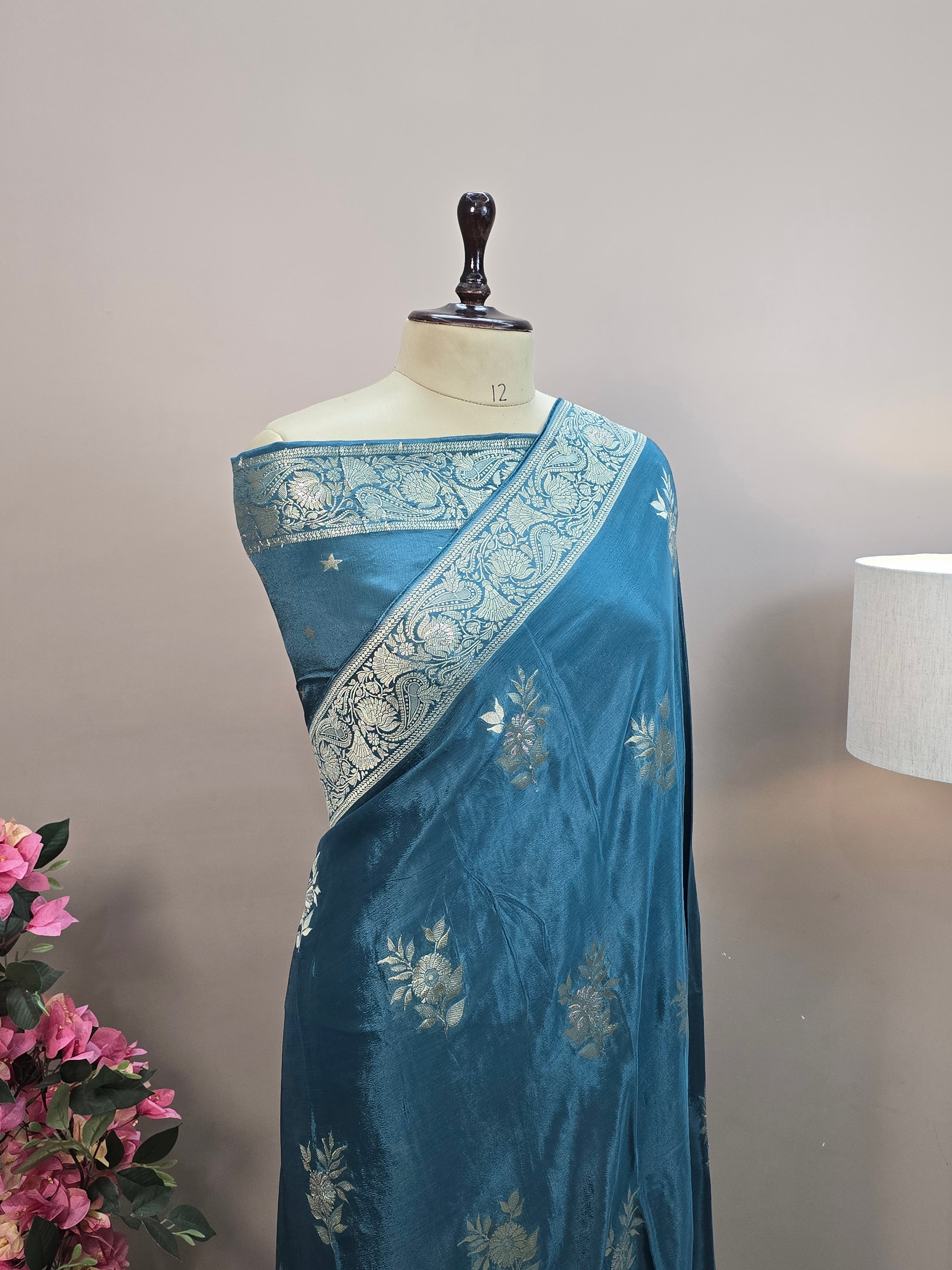 Crush Crepe Banarasi Saree – Firozi Blue Body with Flower Boota