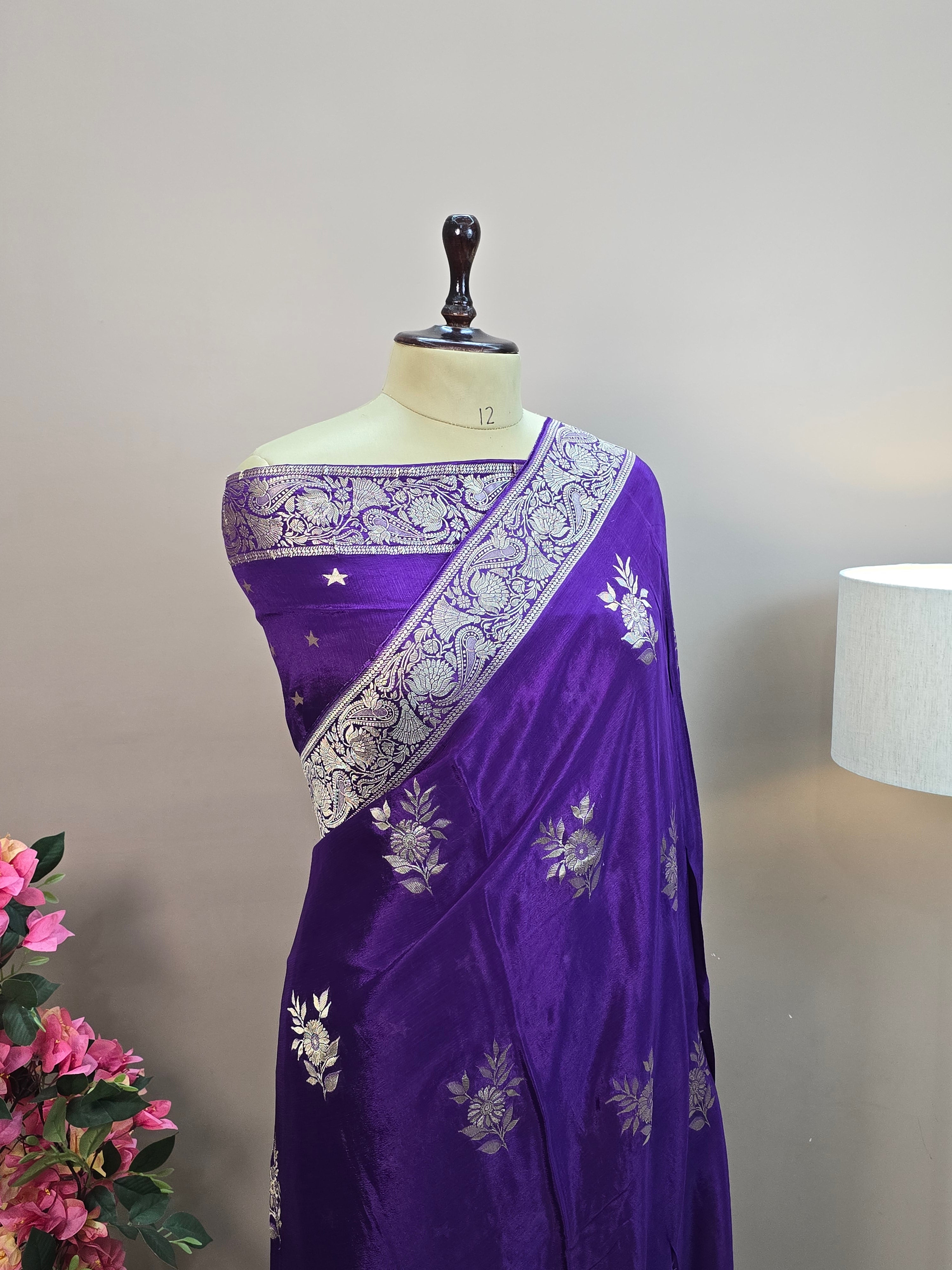 Crush Crepe Banarasi Saree – Royal Purple Body with Flower Boota