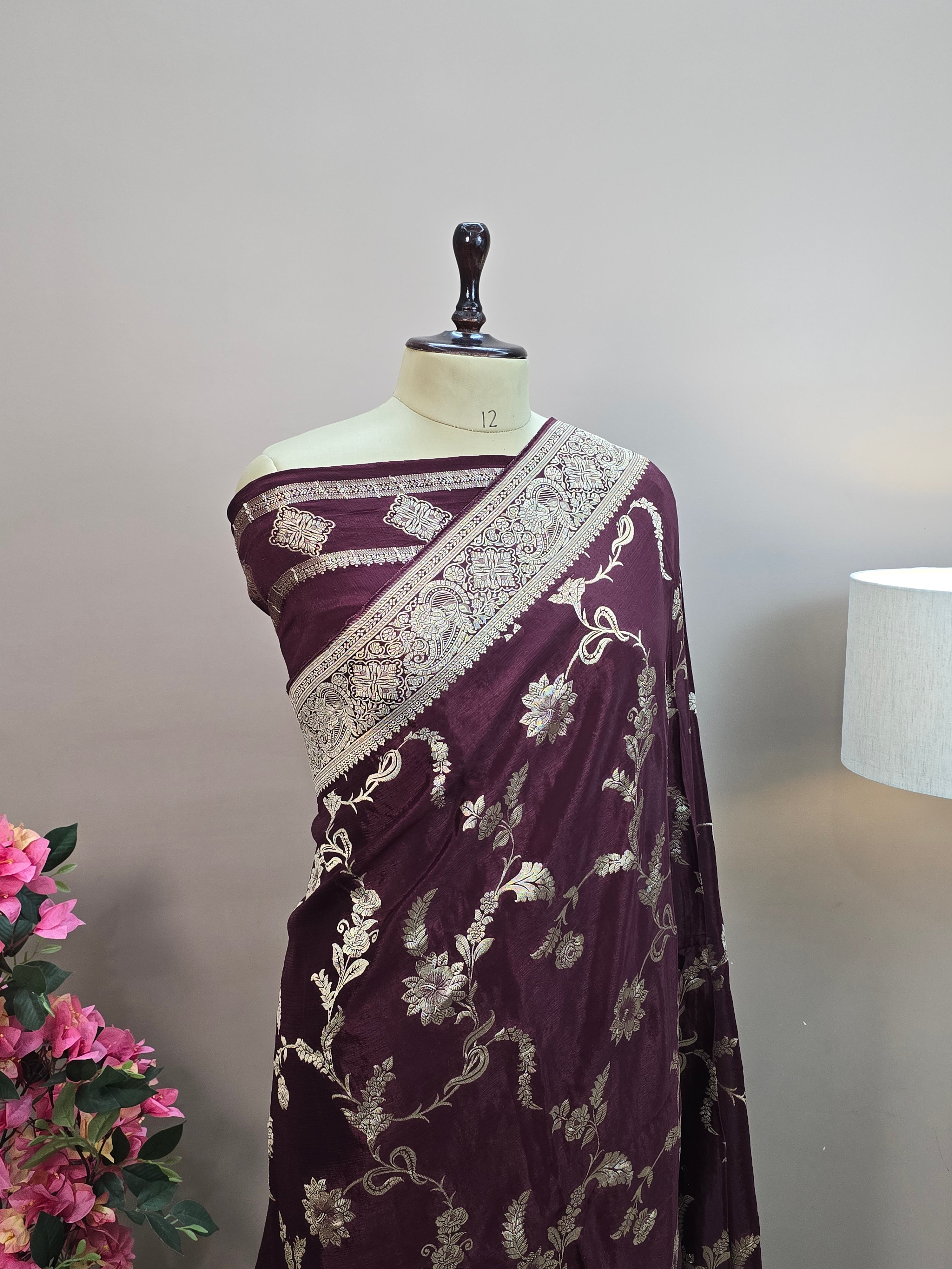 Crush Crepe Banarasi Saree – Brown Body with All Over Jaal