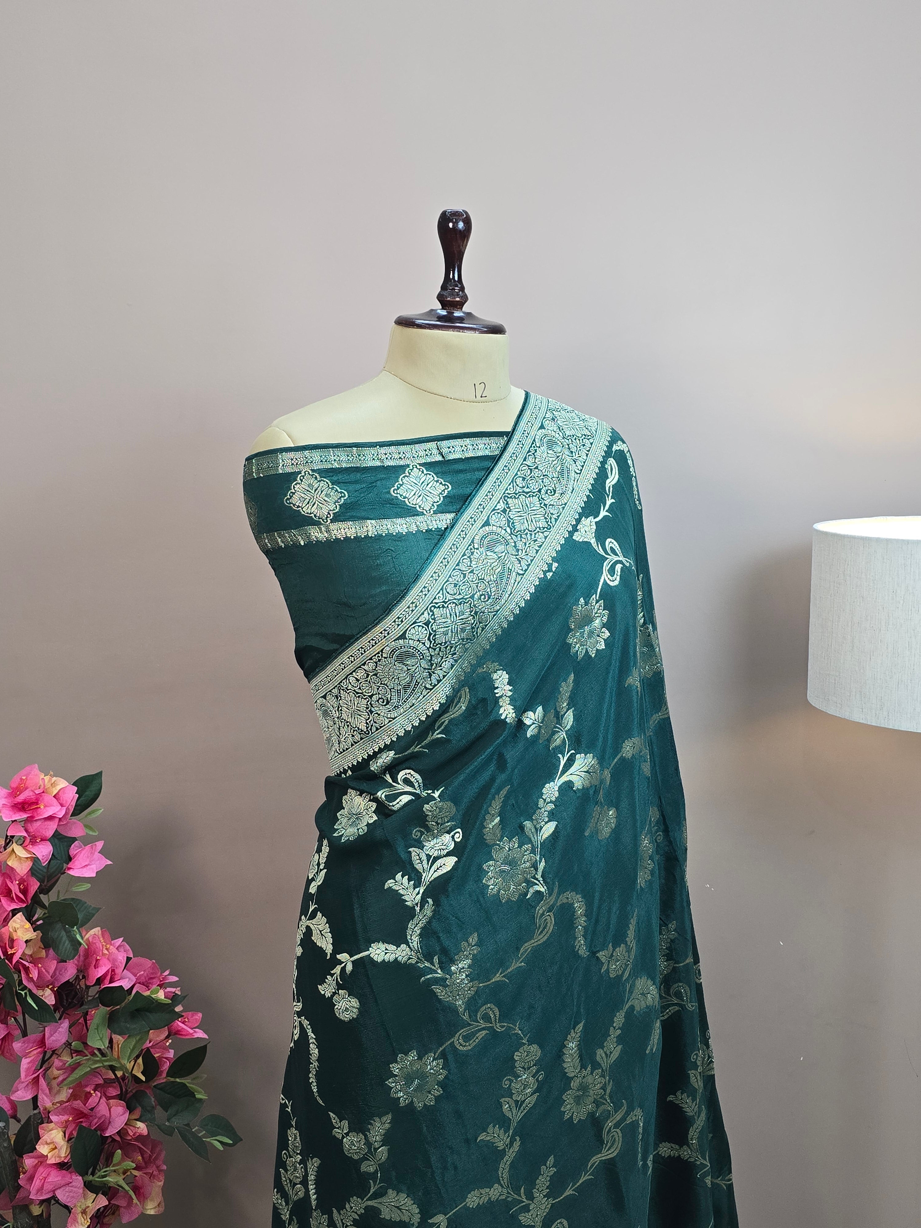 Crush Crepe Banarasi Saree – Sea Green Body with All Over Jaal