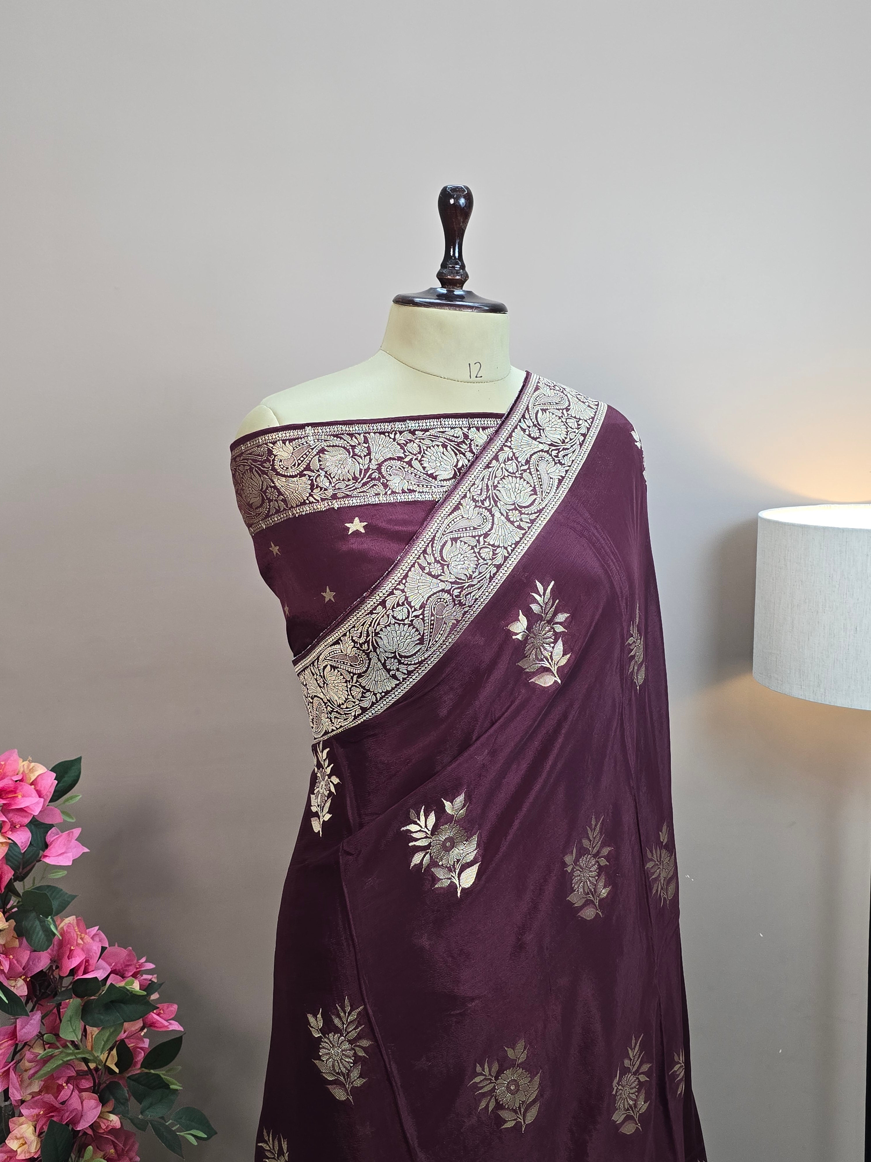 Crush Crepe Banarasi Saree – Brown Body with Flower Boota