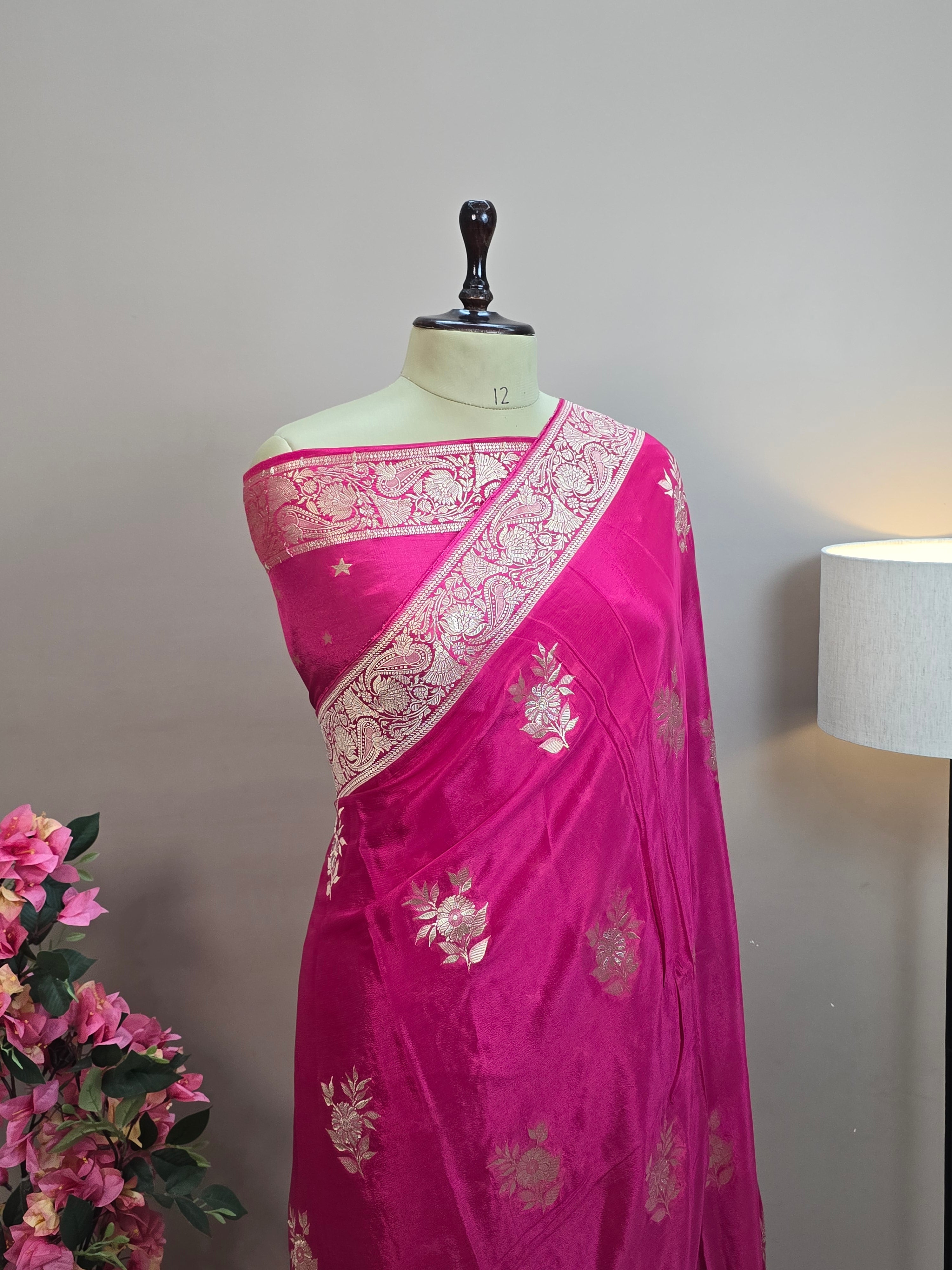 Crush Crepe Banarasi Saree – Rani Pink Body with Flower Boota