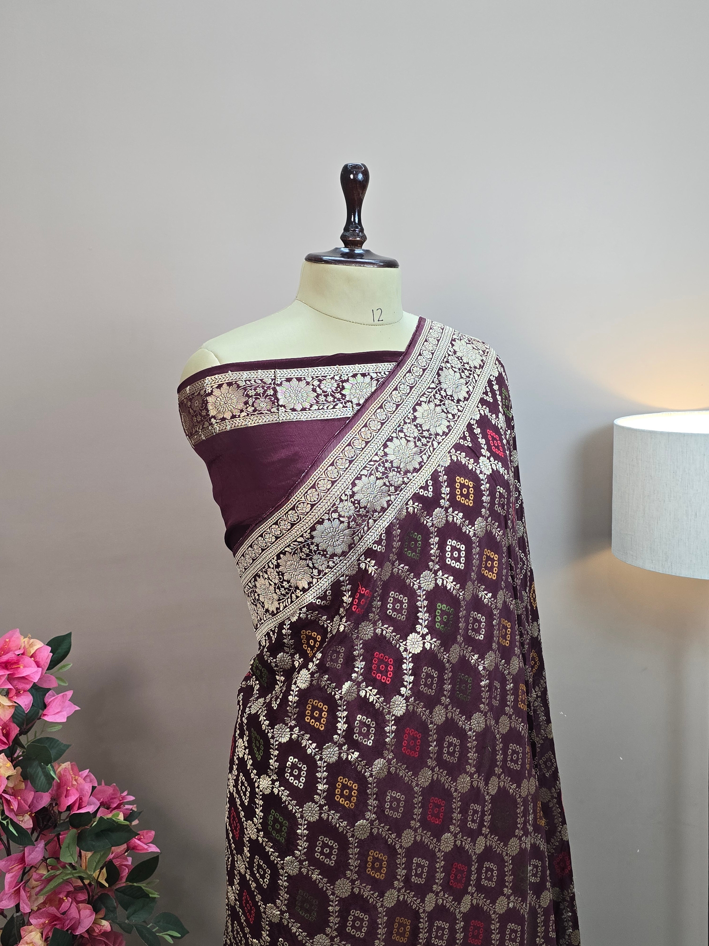 Crush Crepe Alfi Bandhej Saree – Wine with Multicolour Meenakari Boota