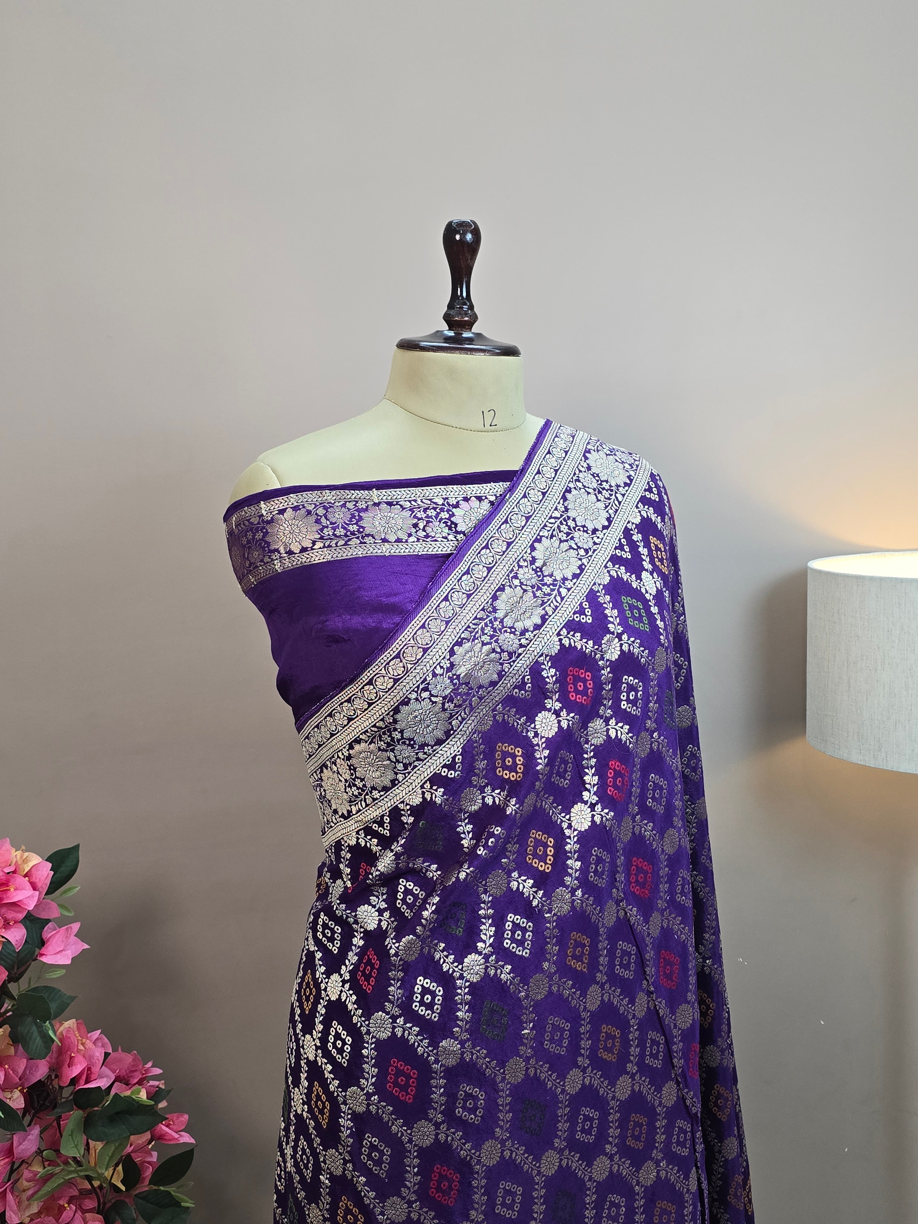 Crush Crepe Alfi Bandhej Saree – Royal Purple with Multicolour Meenakari Boota