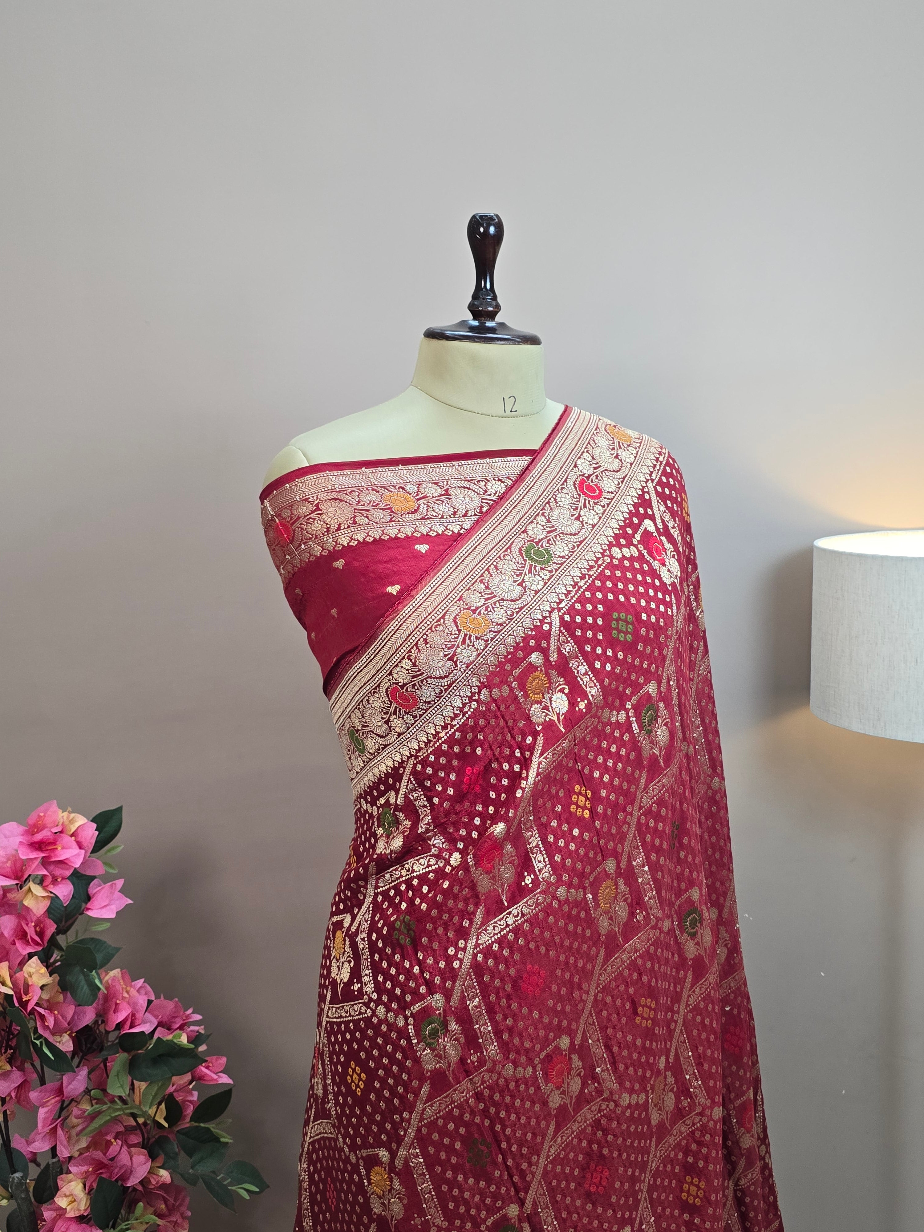 Crush Crepe Alfi Bandhej Saree – Red with Meenakari Flower Bootas