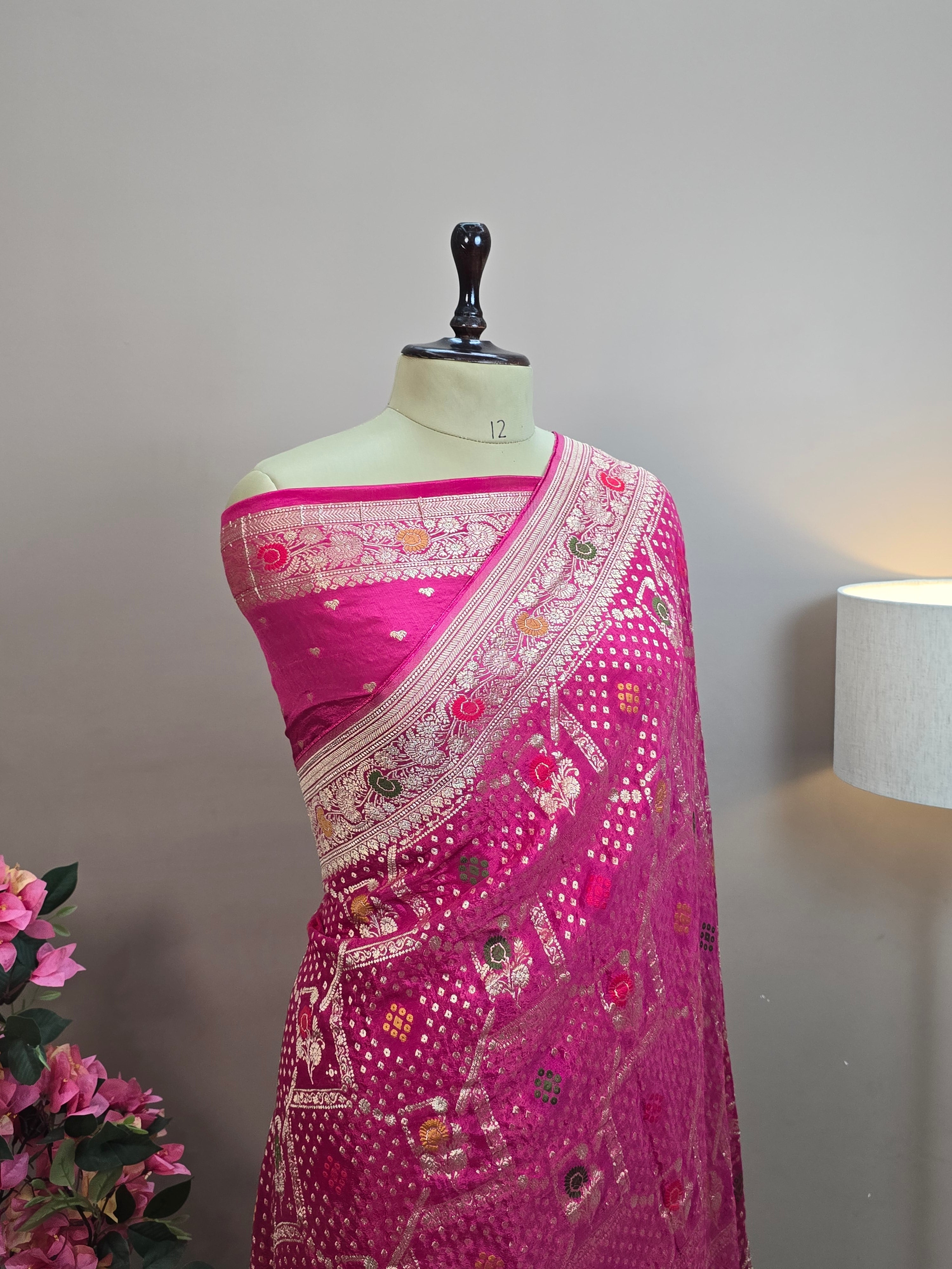 Crush Crepe Alfi Bandhej Saree – Rani Pink with Meenakari Flower Bootas