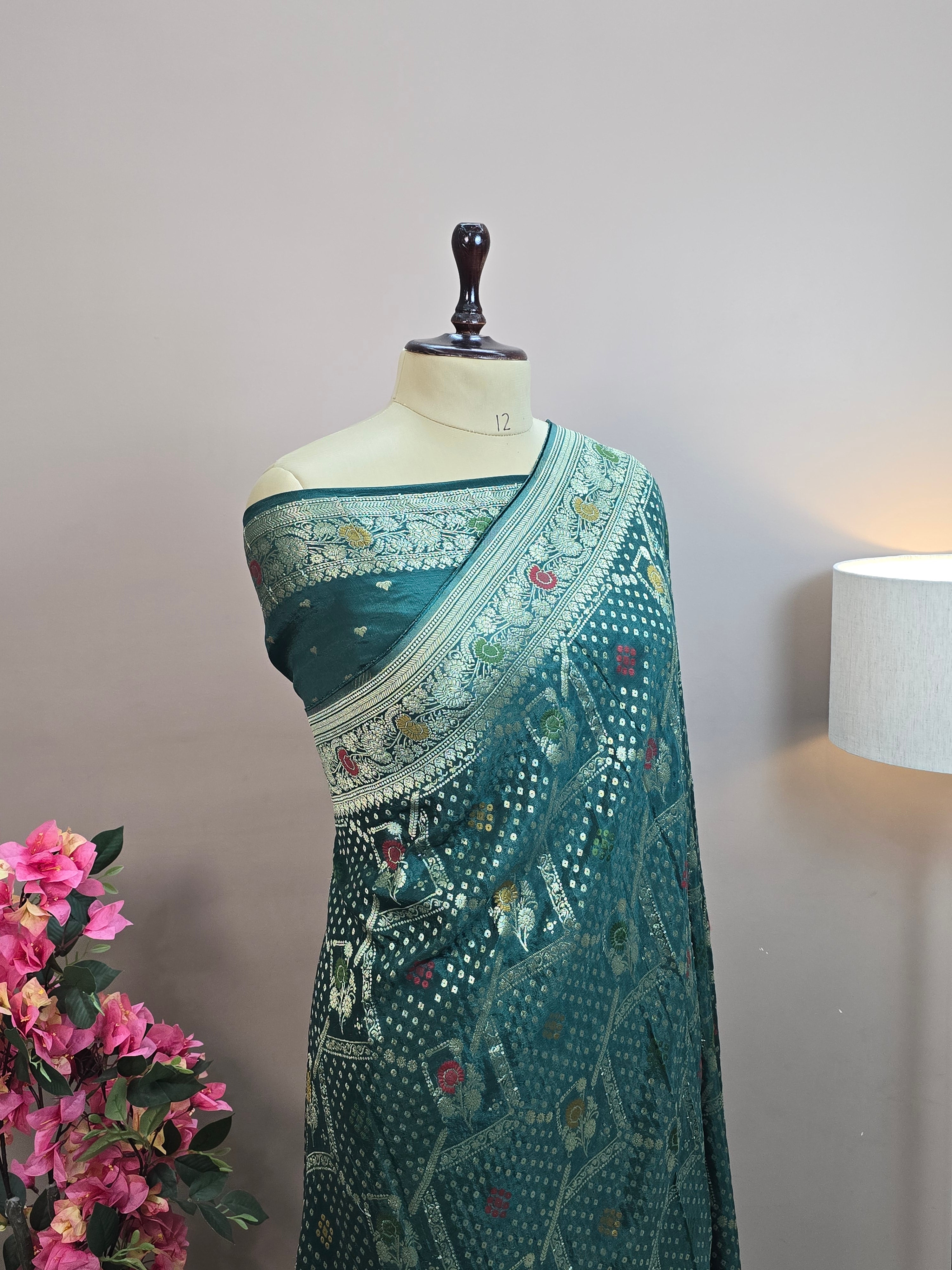 Crush Crepe Alfi Bandhej Saree – Sea Green with Meenakari Flower Bootas