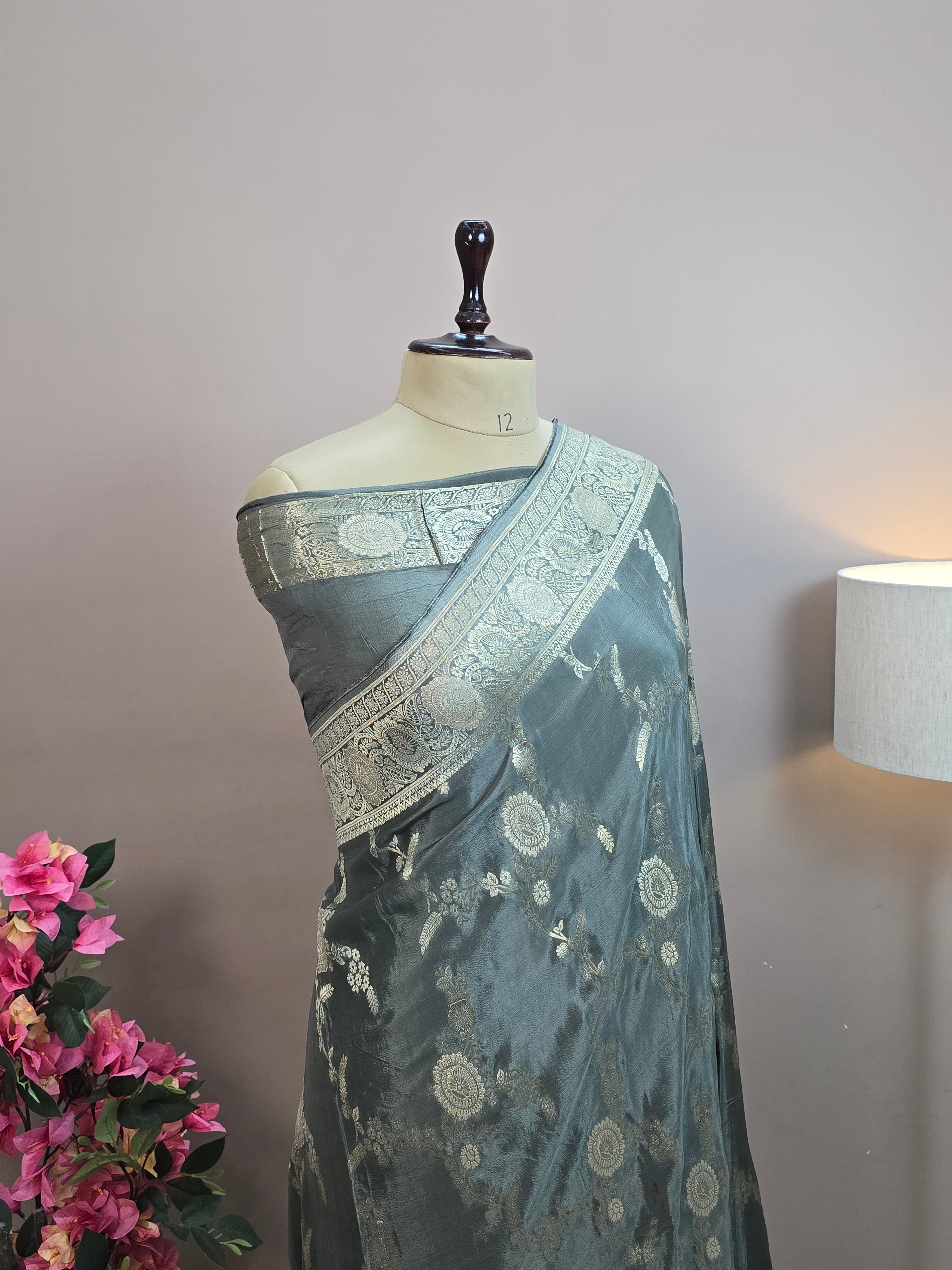 Crush Crepe Banarasi Saree – Grey with All Over Boota Jaal