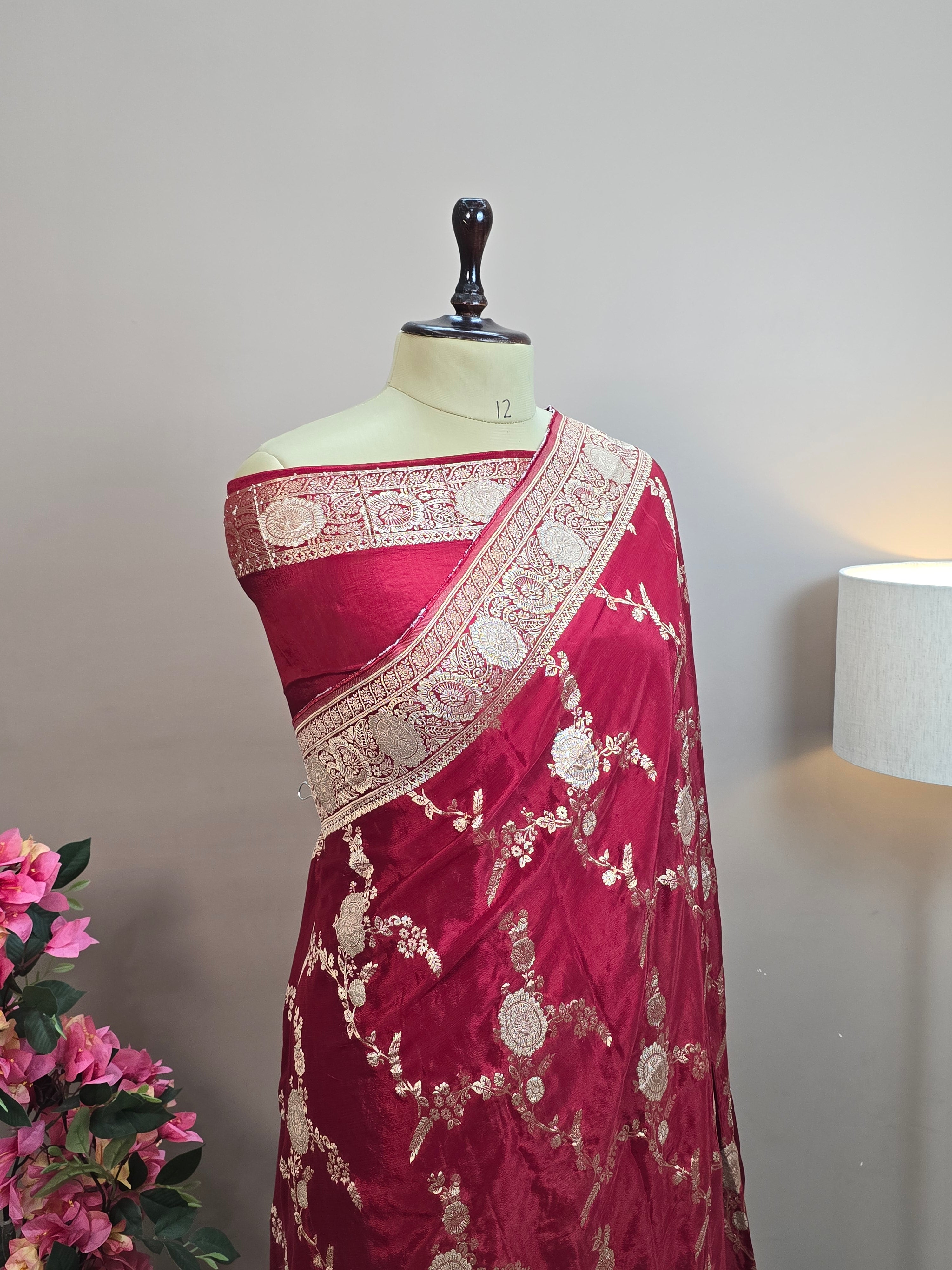 Crush Crepe Banarasi Saree – Maroon with All Over Boota Jaal