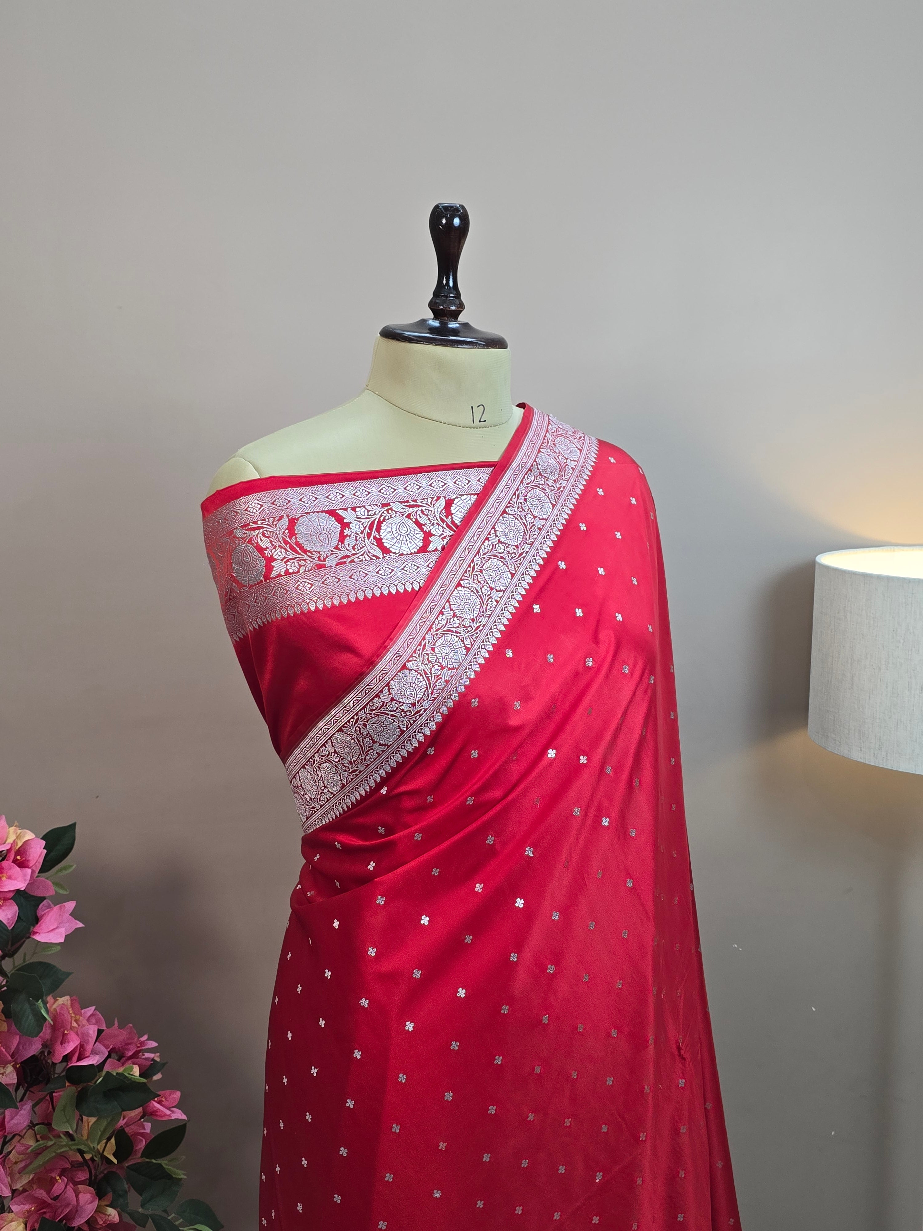 Mashru Katan Silk Banarasi Saree - Red Body with Silver Zari All Over Booti