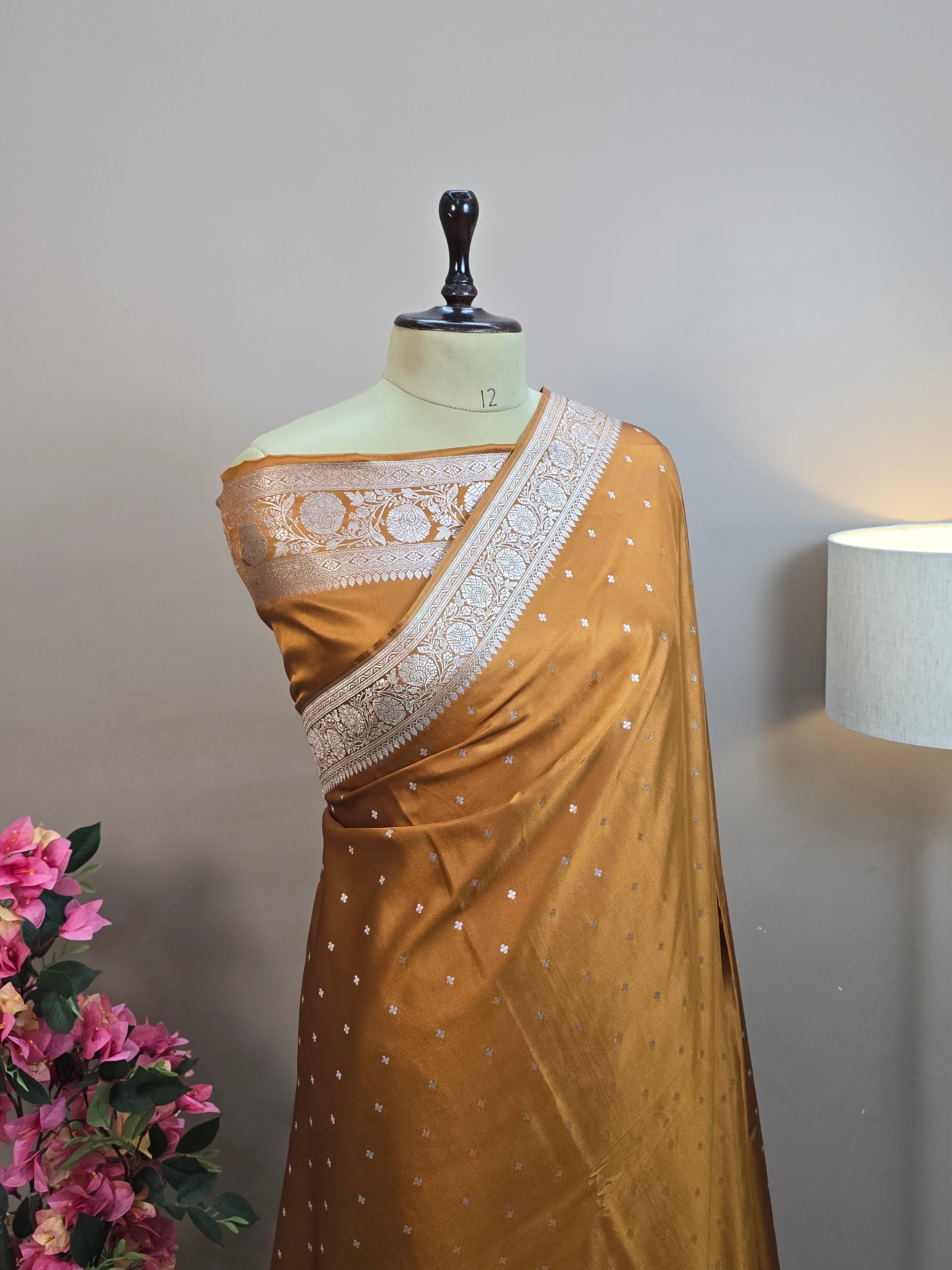 Mashru Katan Silk Banarasi Saree - Mustard Gold Body with Silver Zari All Over Booti