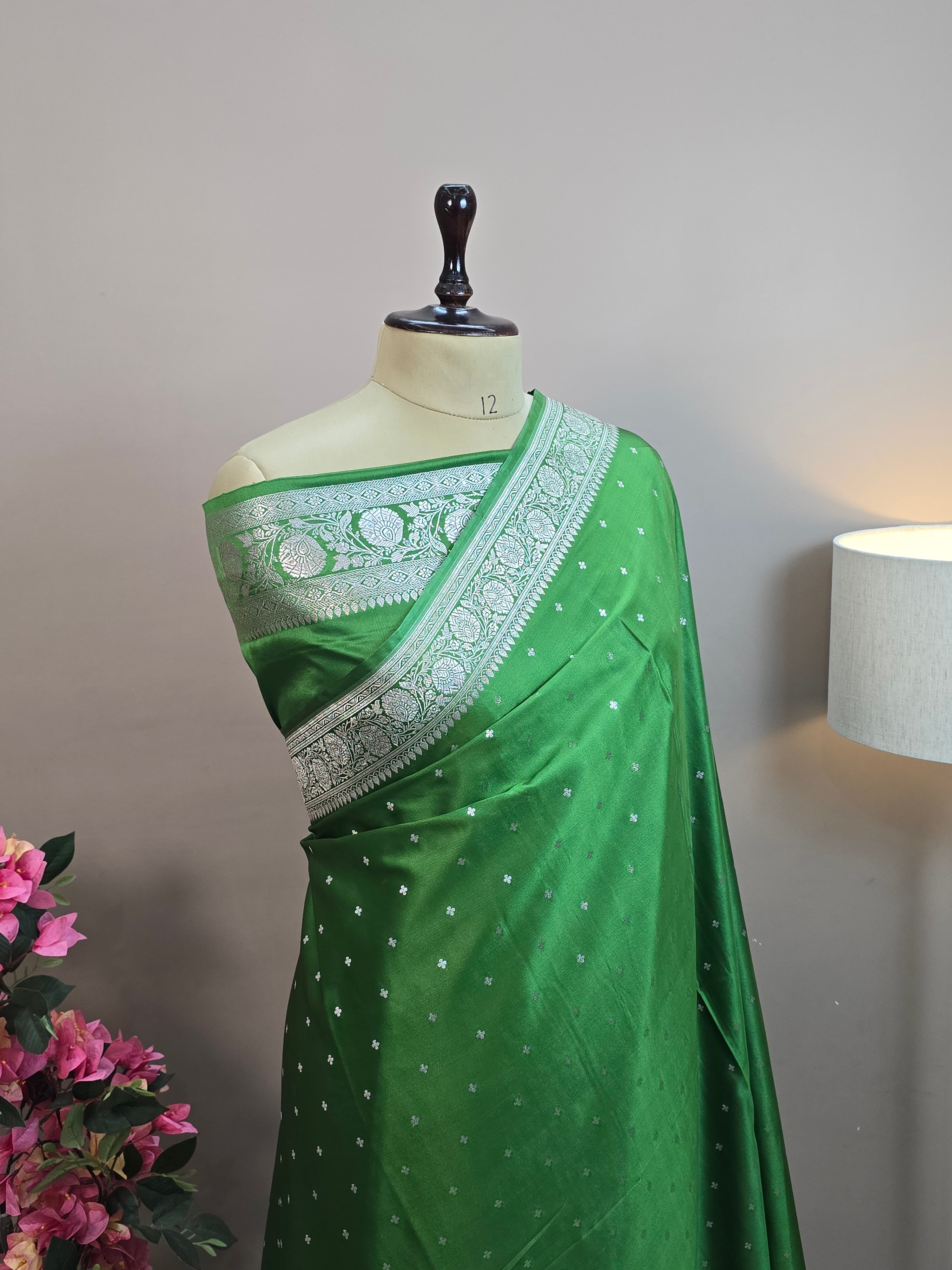 Mashru Katan Silk Banarasi Saree - Green Body with Silver Zari All Over Booti