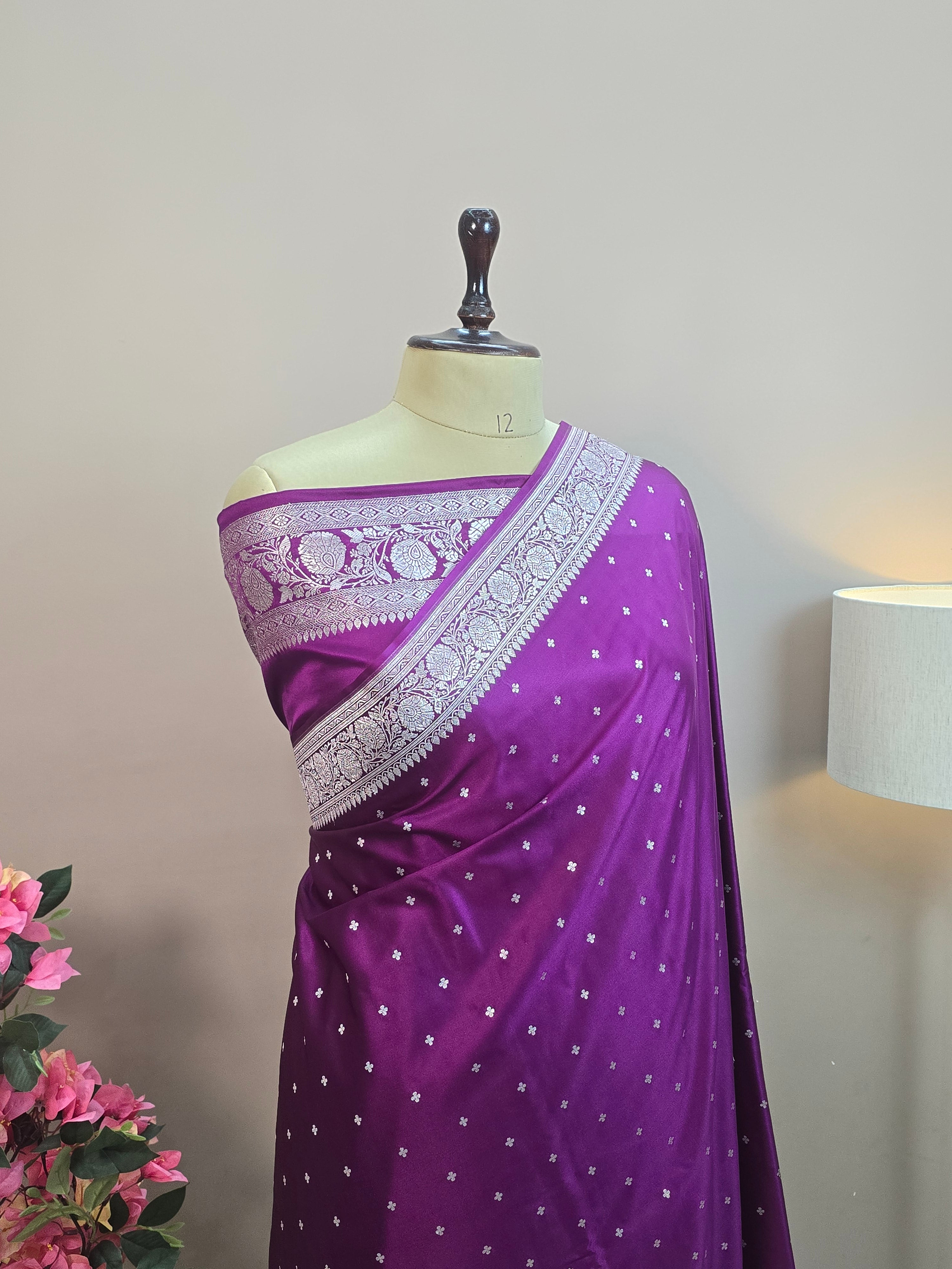 Mashru Katan Silk Banarasi Saree - Purple Body with Silver Zari All Over Booti