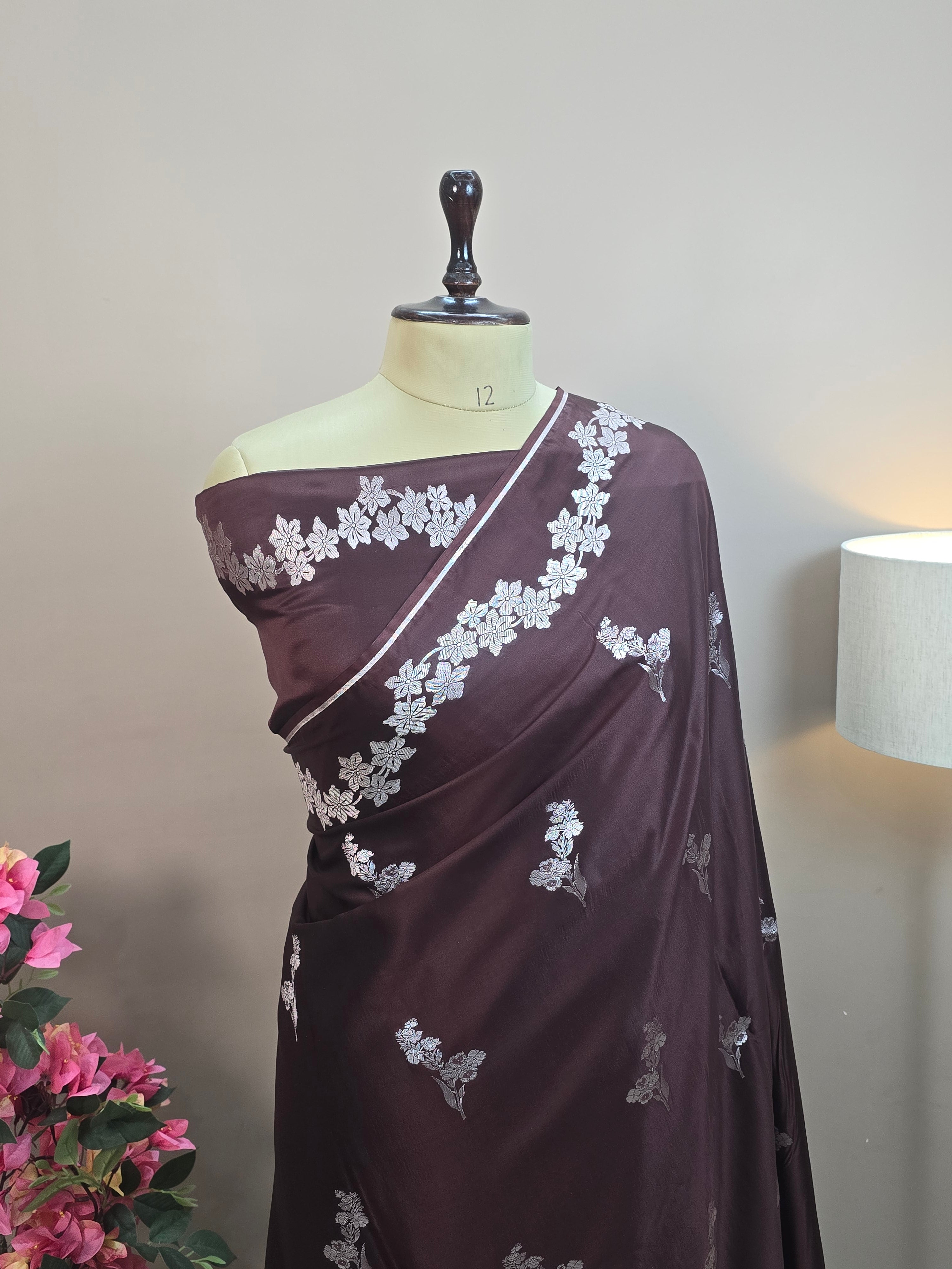 Mashru Katan Silk Banarasi Saree Open Border - Brown Body with Flower Bootas