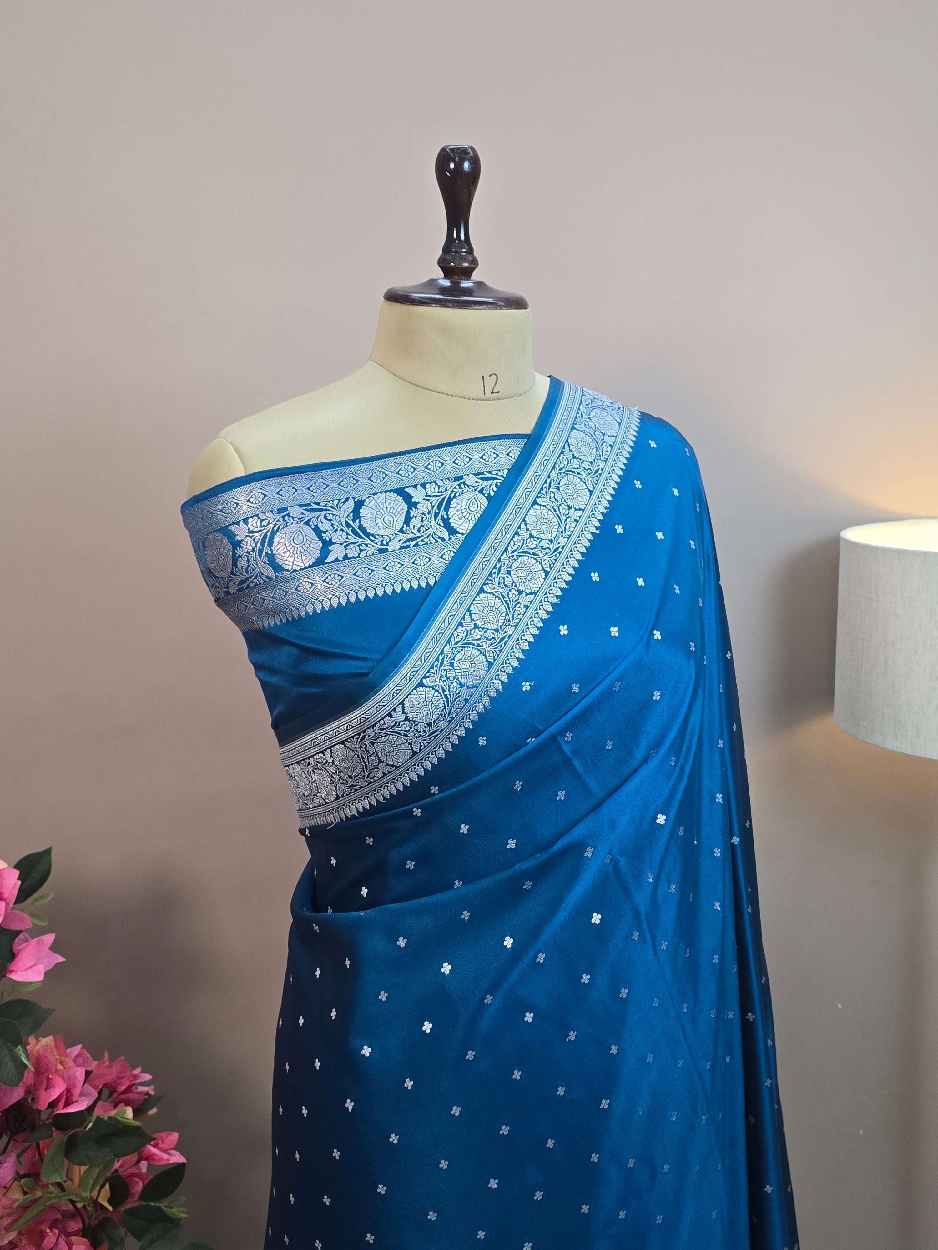 Mashru Katan Silk Banarasi Saree - Firozi Blue Body with Silver Zari All Over Booti