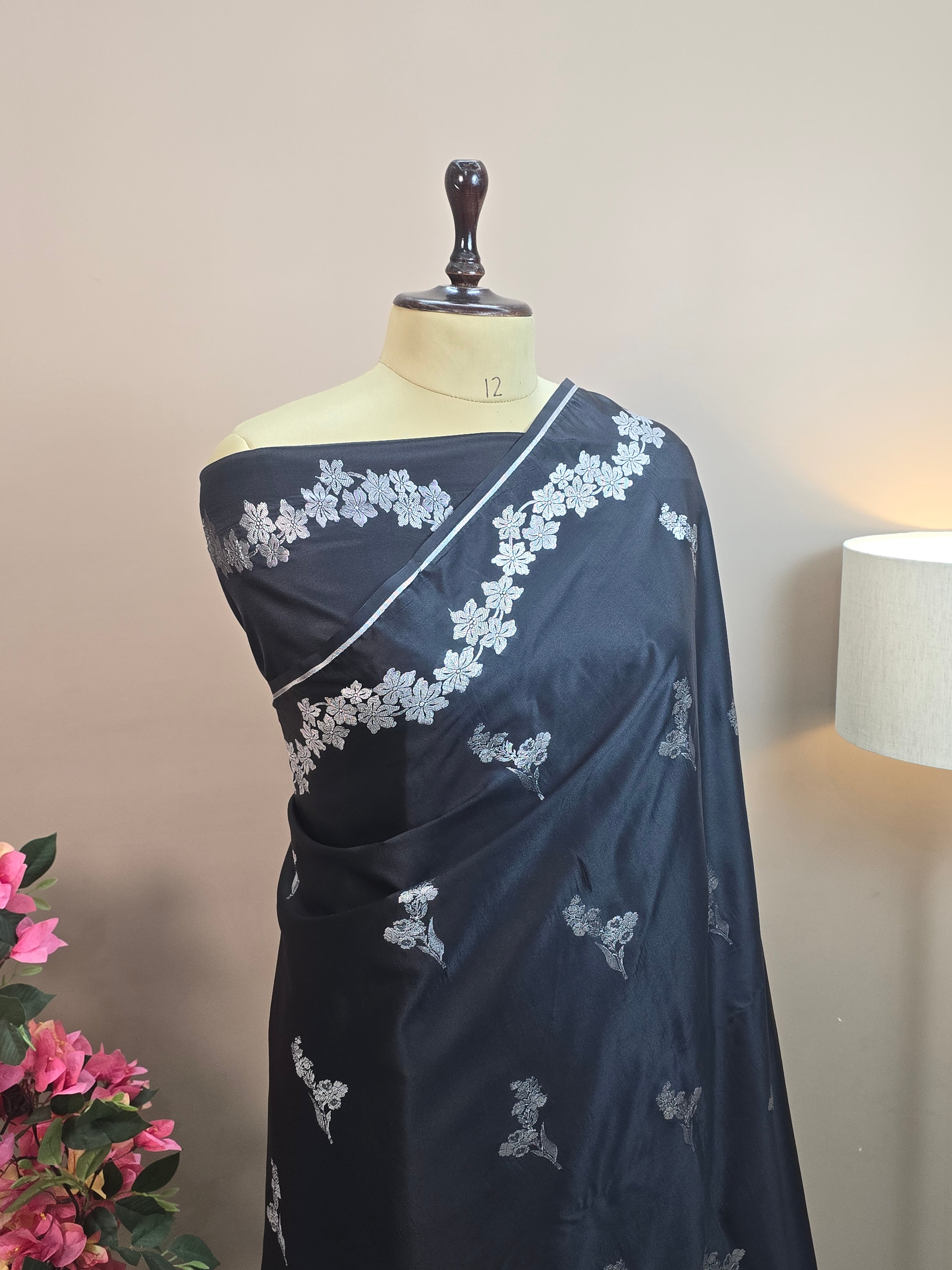Mashru Katan Silk Banarasi Saree Open Border - Black Body with Flower Bootas