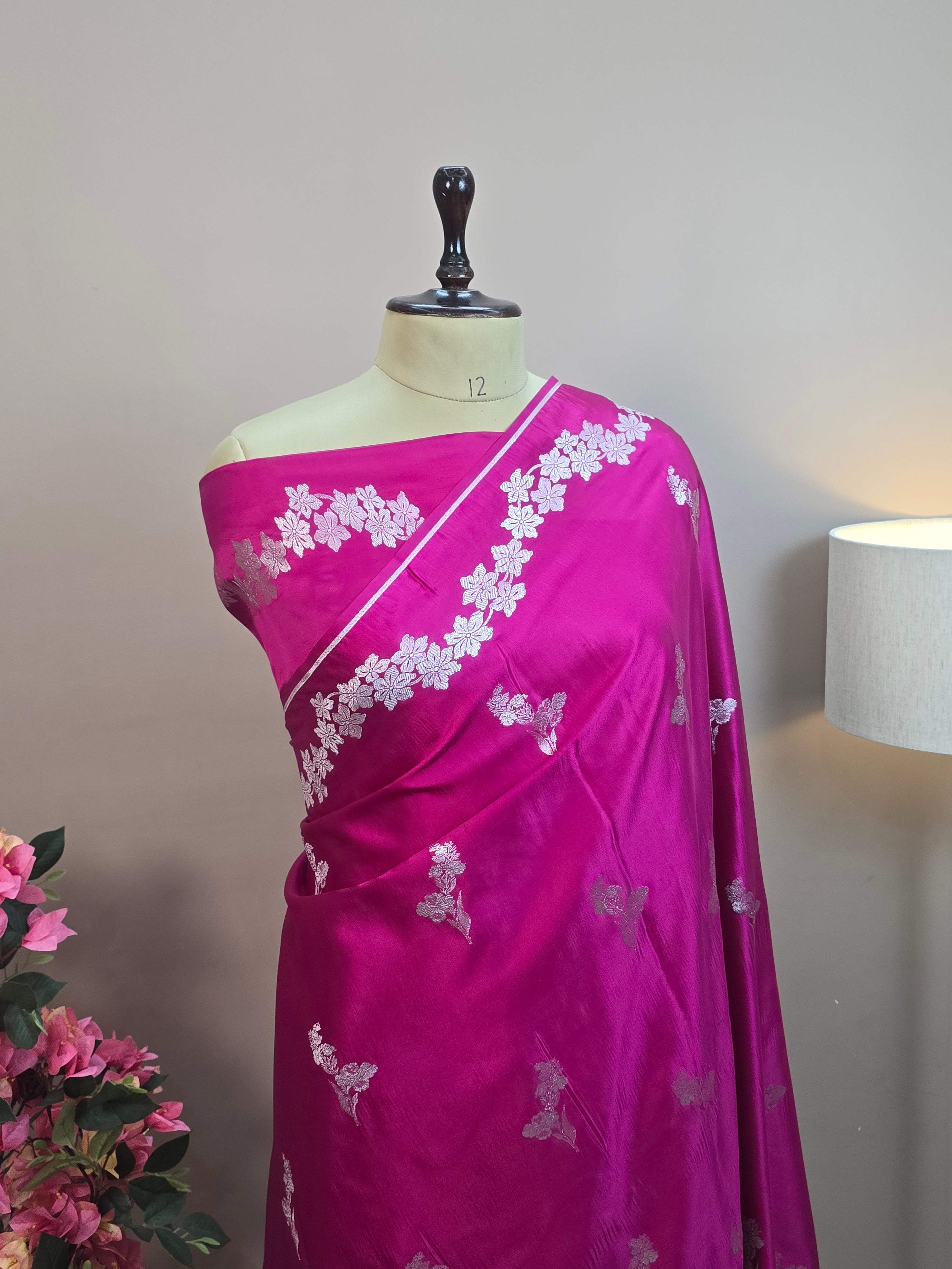 Mashru Katan Silk Banarasi Saree Open Border - Rani Pink Body with Flower Bootas