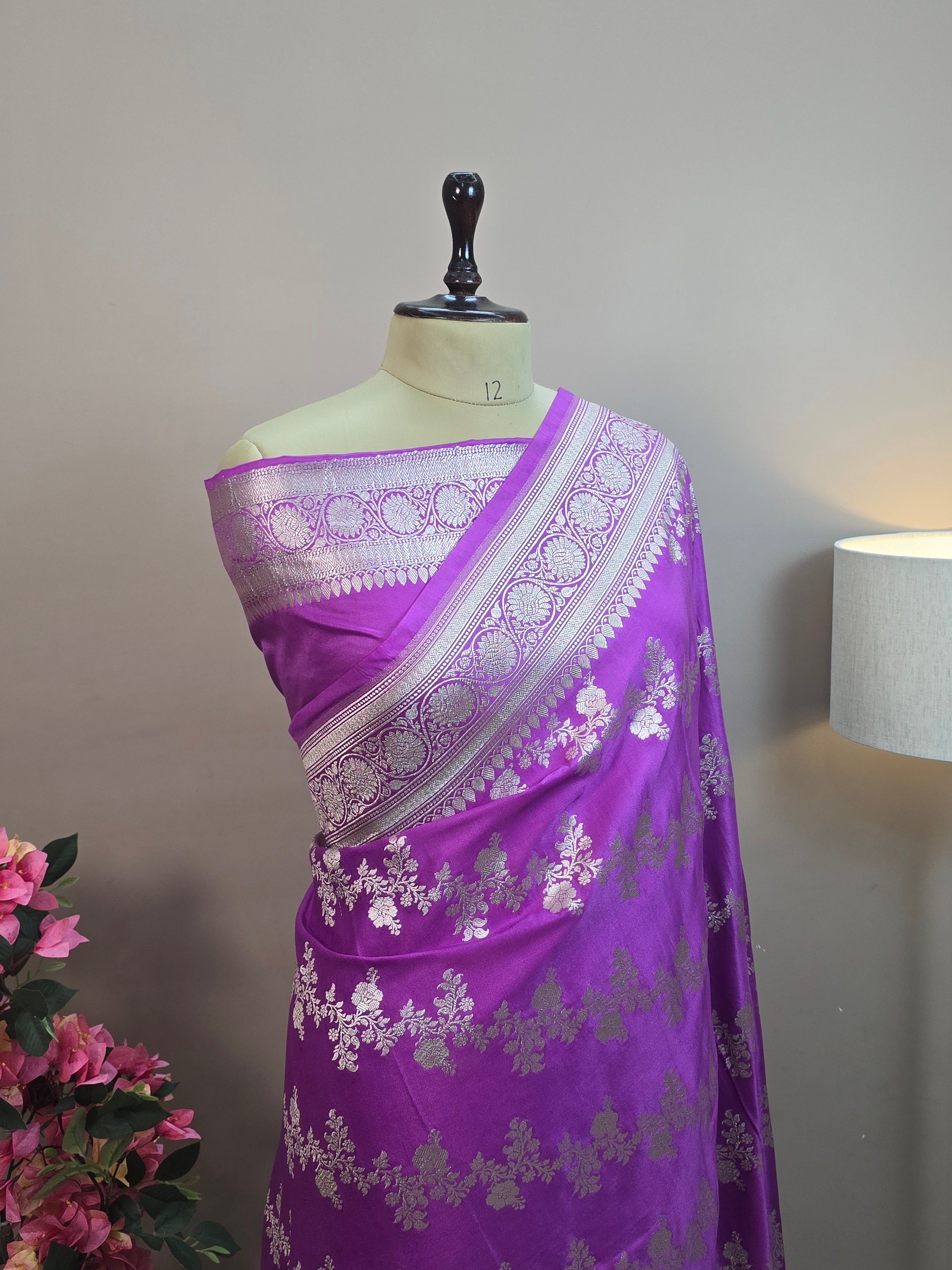 Mashru Katan Silk Banarasi Saree – Purple Body with All Over Silver Zari Jaal